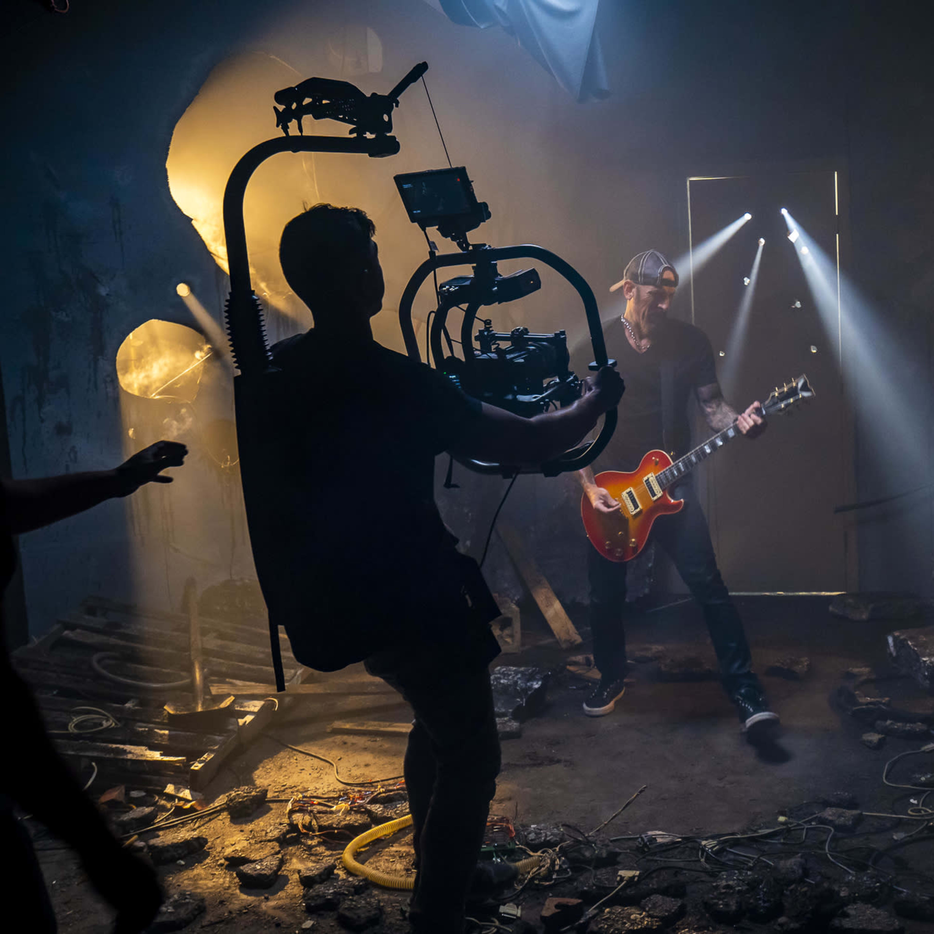 A musician plays guitar in a dimly lit room with dramatic lighting, while a camera operator uses a stabilizer to film the performance.