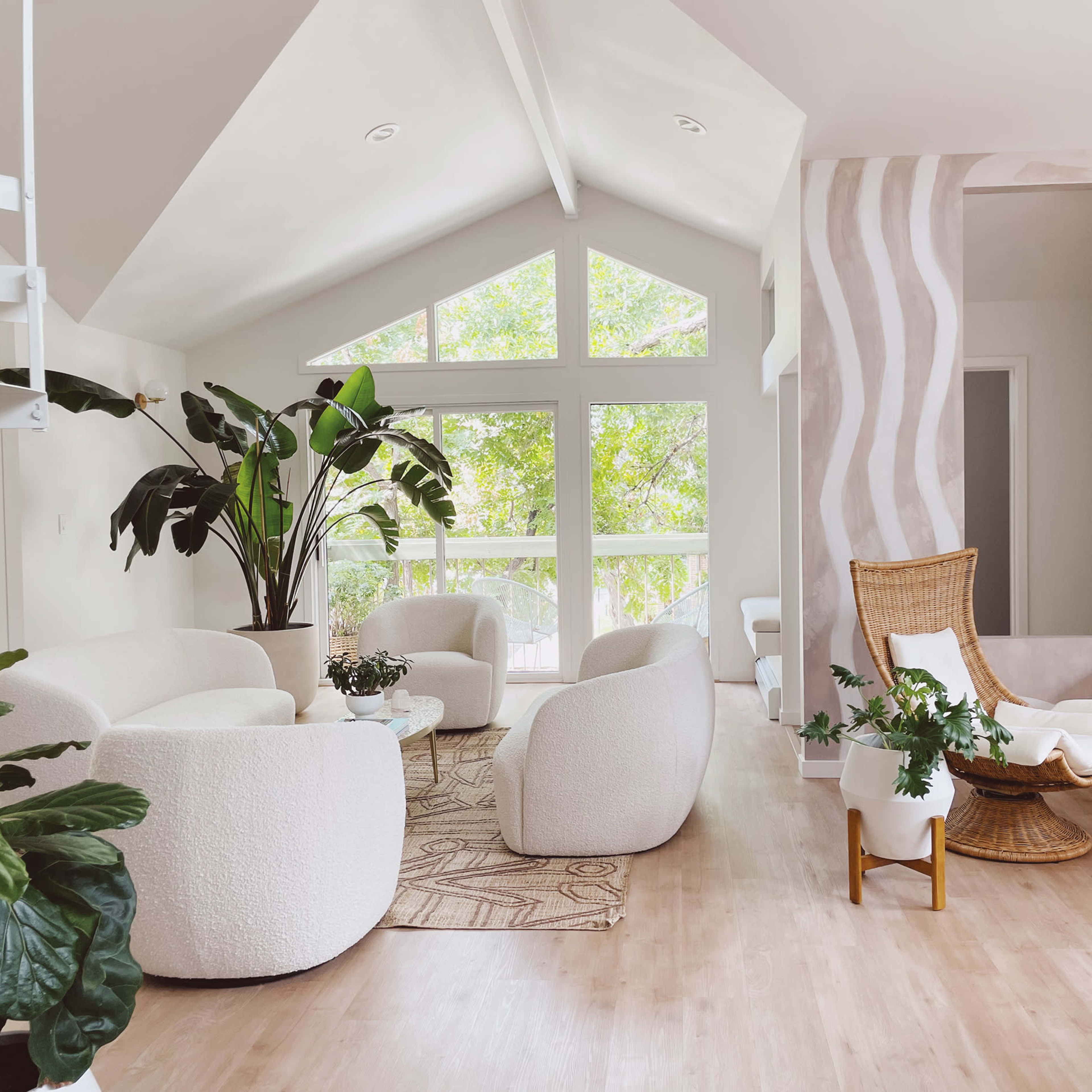 A modern living room with circular white chairs, a woven chair, a large potted plant, and large windows allowing natural light to enter.