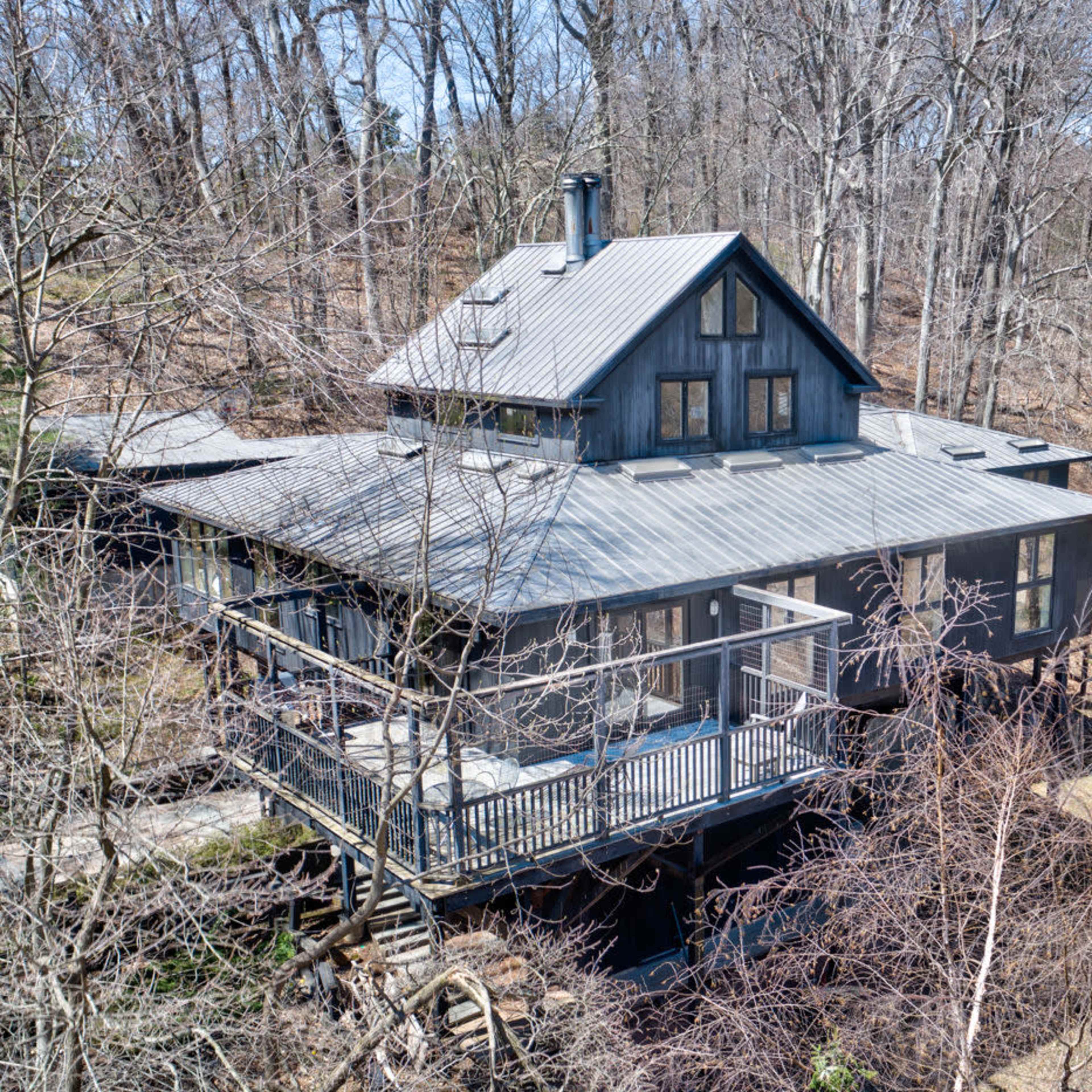 A modern black house with a sloped roof is situated in a wooded area, surrounded by bare trees and a deck extending from the front.