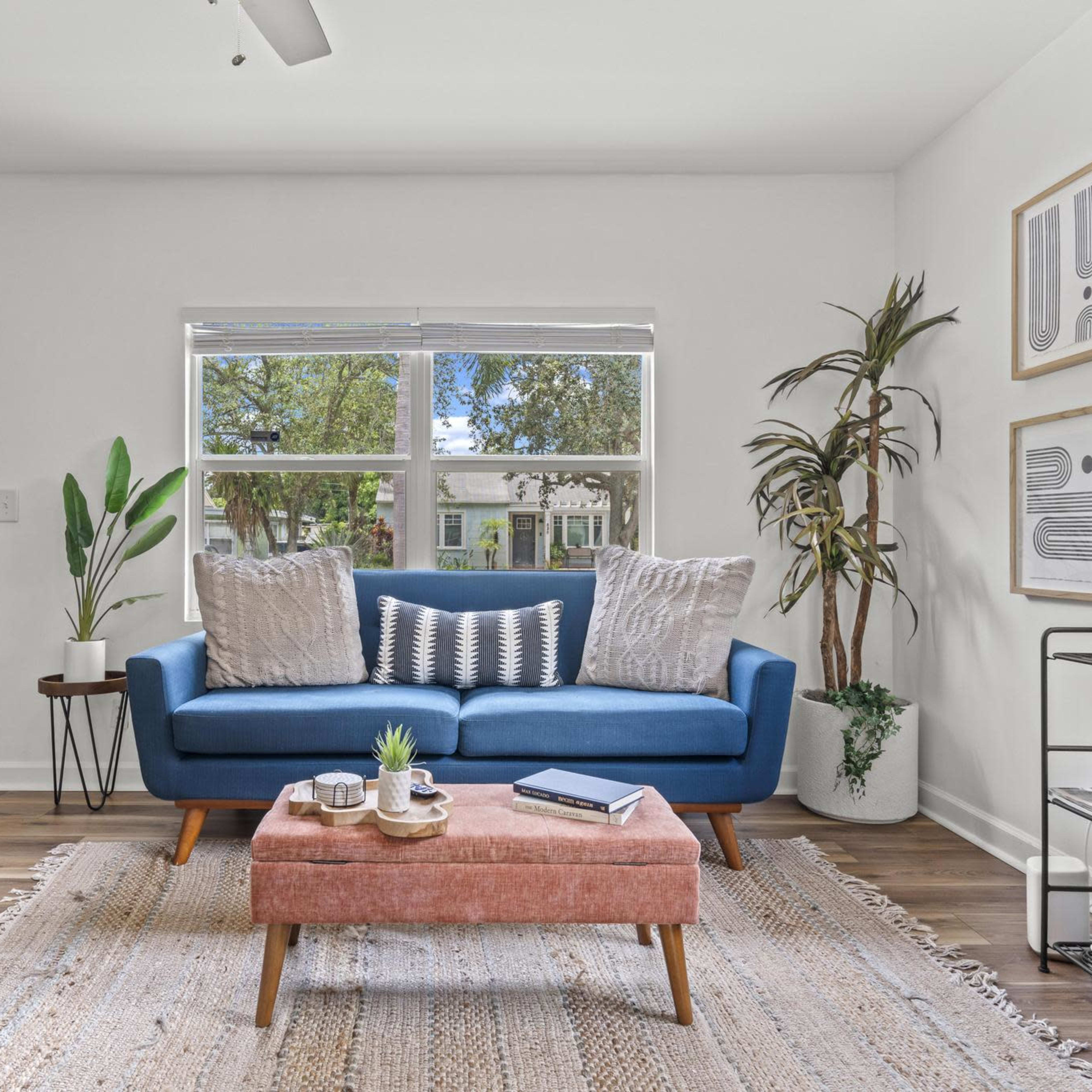The room features a blue couch with decorative pillows, a wooden coffee table, and a potted plant beside a large window.