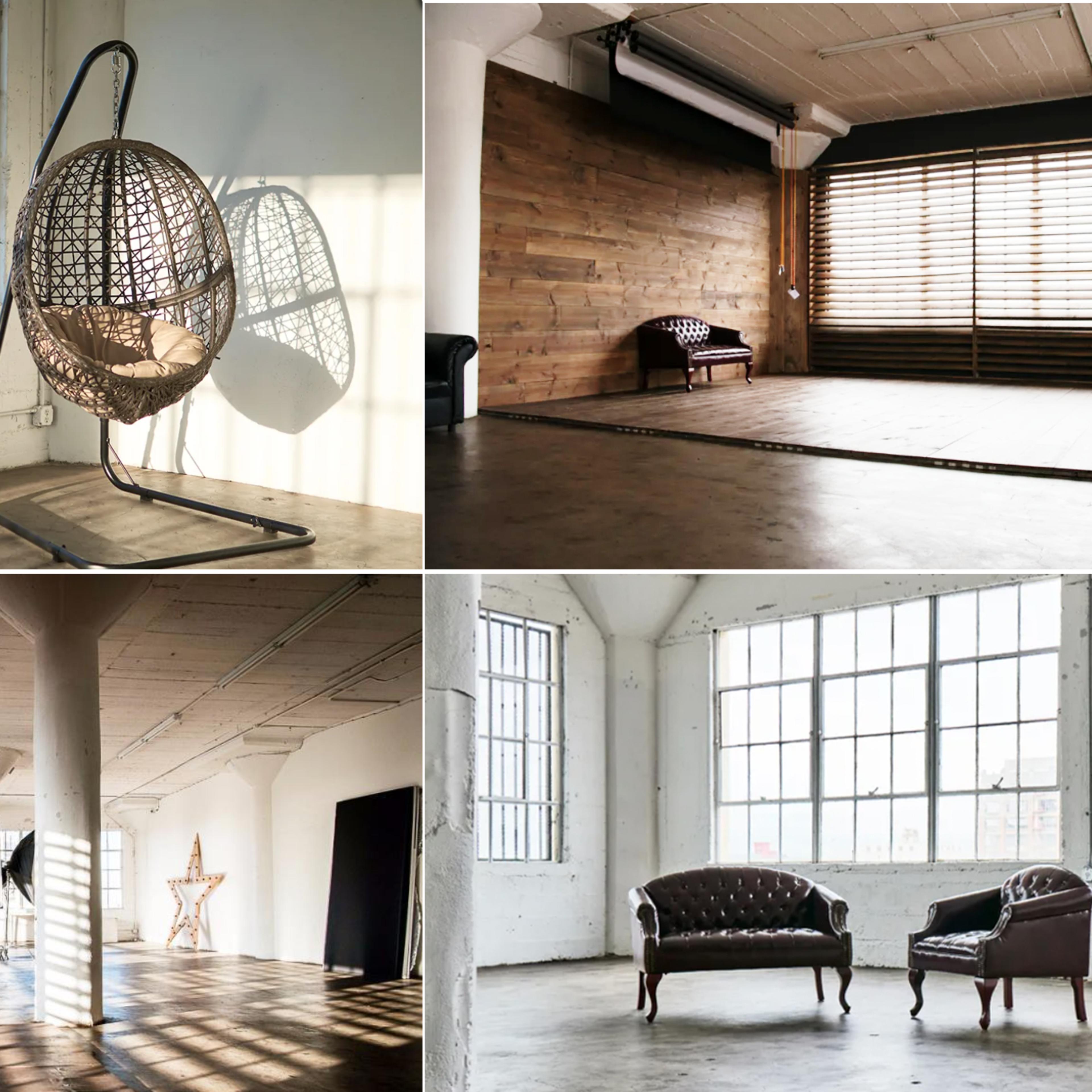 A spacious, well-lit studio featuring a hanging chair, two brown couches, and large windows, with wood and concrete elements in the interior design.