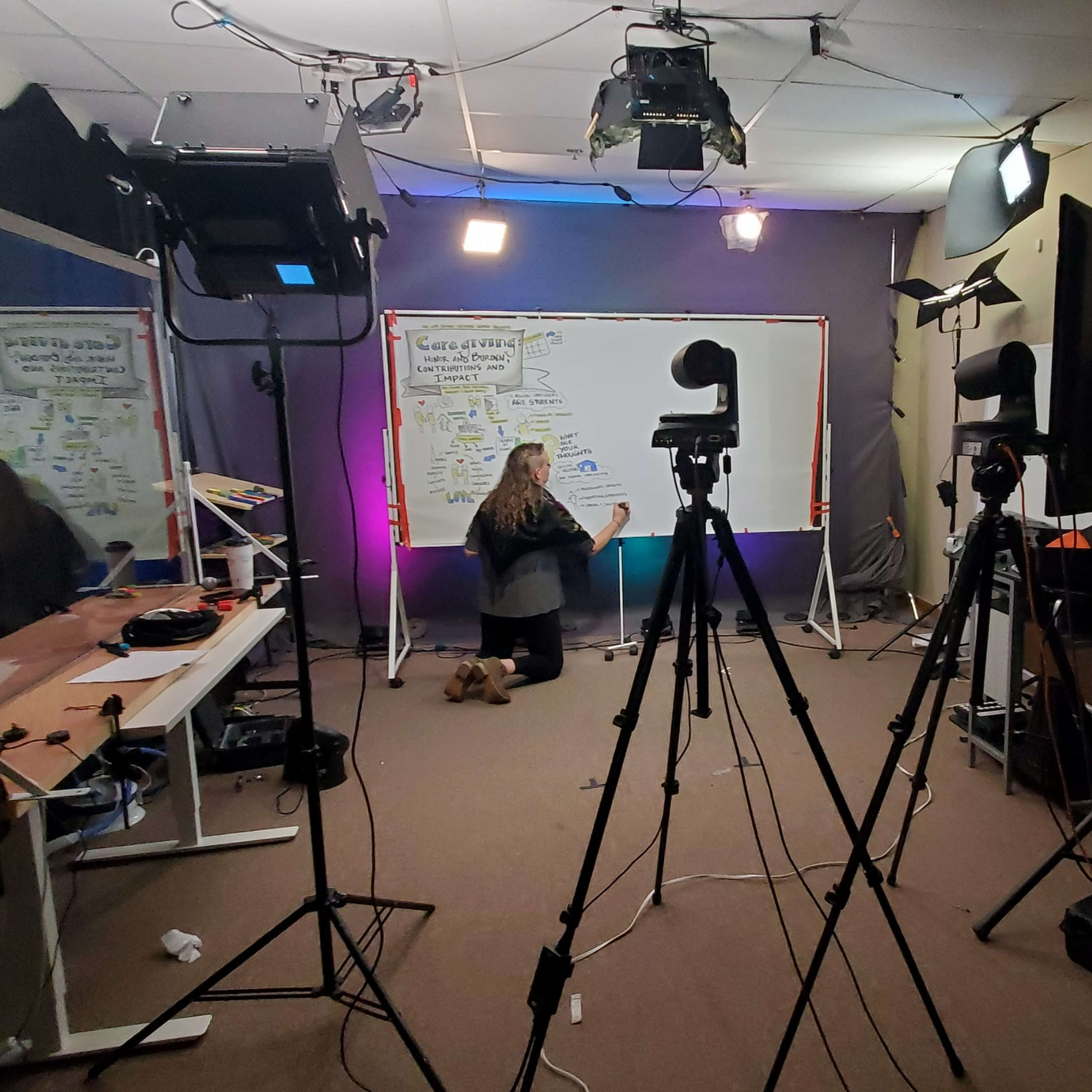 A person is writing on a whiteboard in a recording studio equipped with multiple cameras and lights.