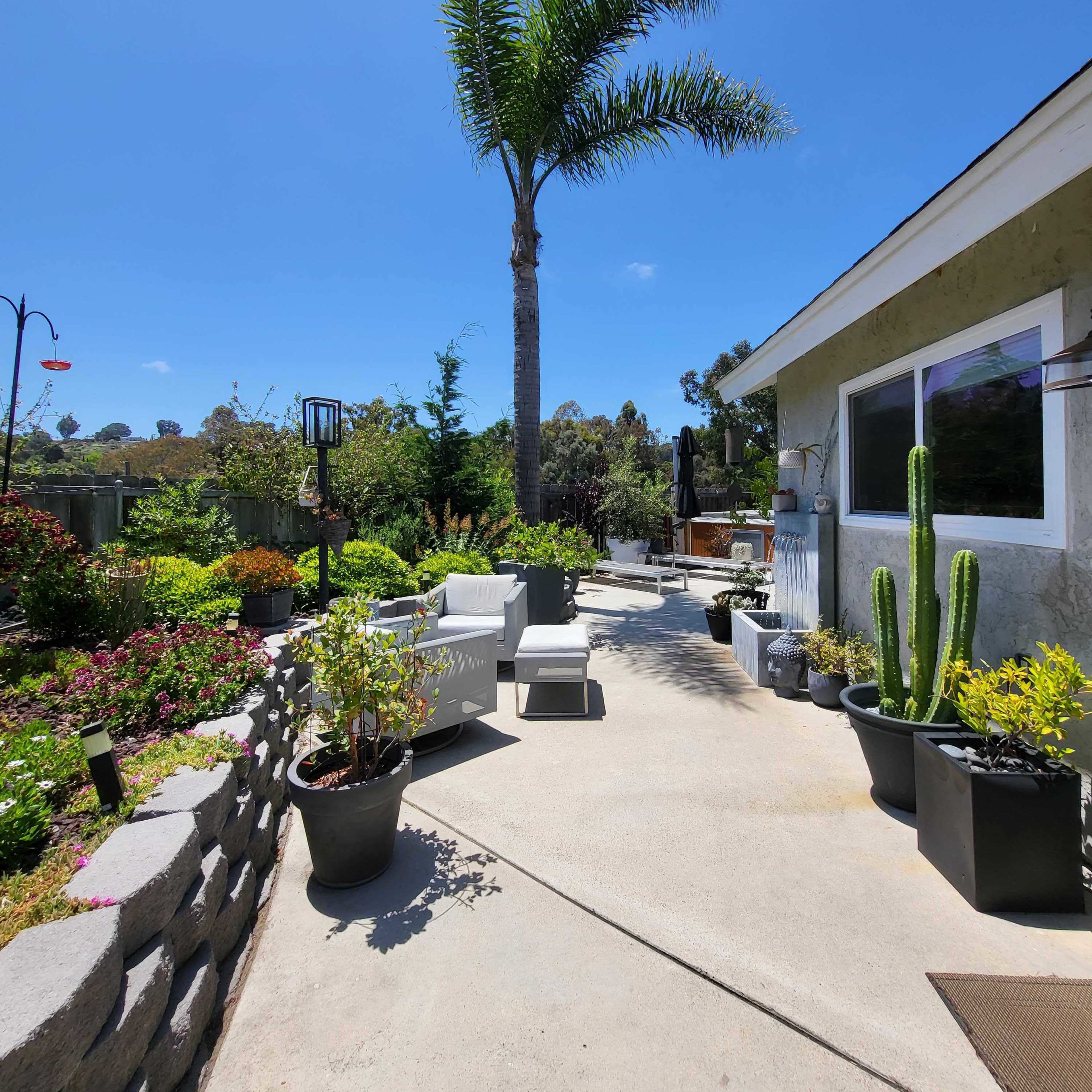 A concrete path leads past planted pots and a palm tree to the side of a house under a clear blue sky.