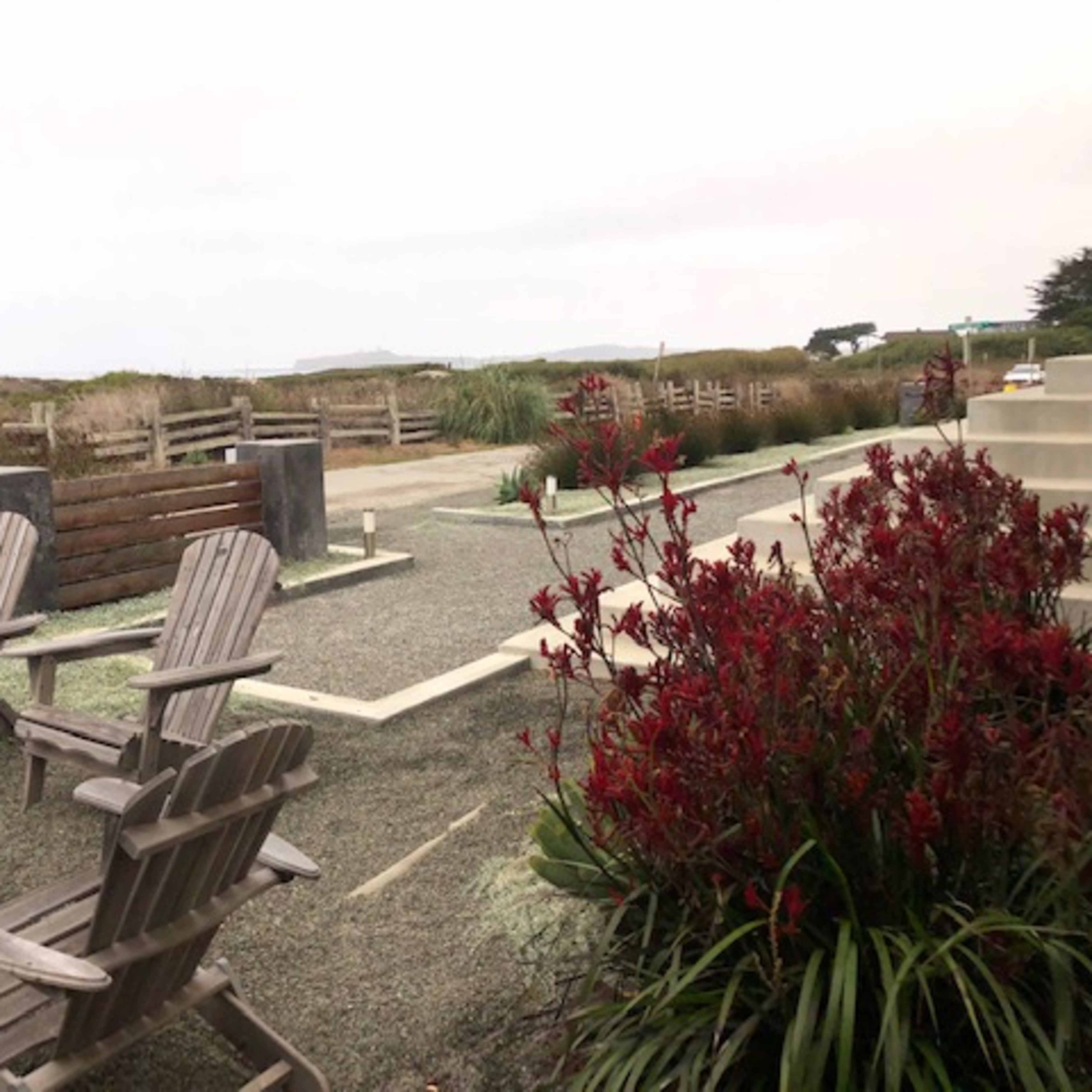 A landscaped outdoor area with wooden chairs, red plants, and pathways, set against a backdrop of grassy fields and a wooden fence.