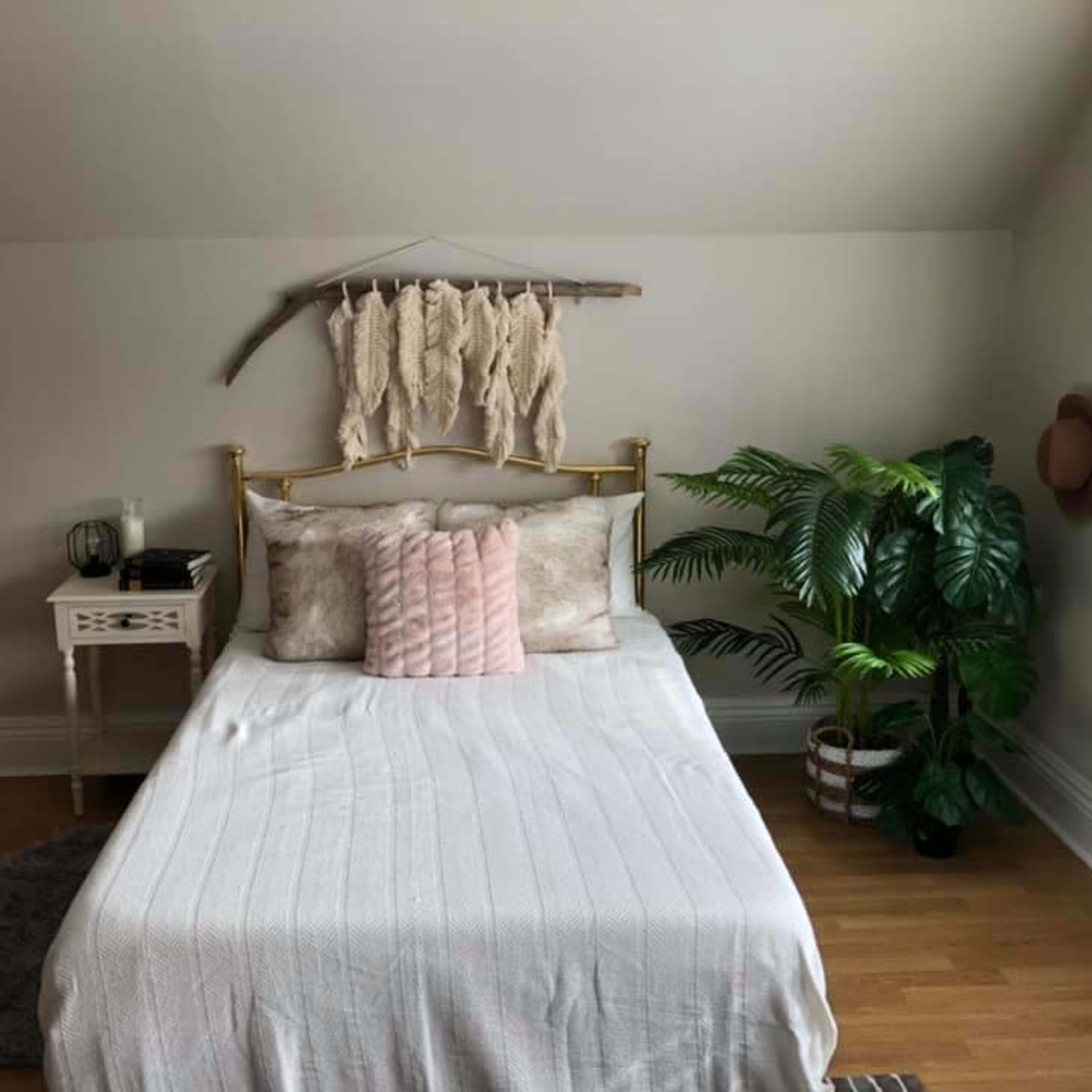 A neatly arranged bedroom features a brass bed with decorative pillows, a nightstand, and a large potted plant against a light-colored wall.