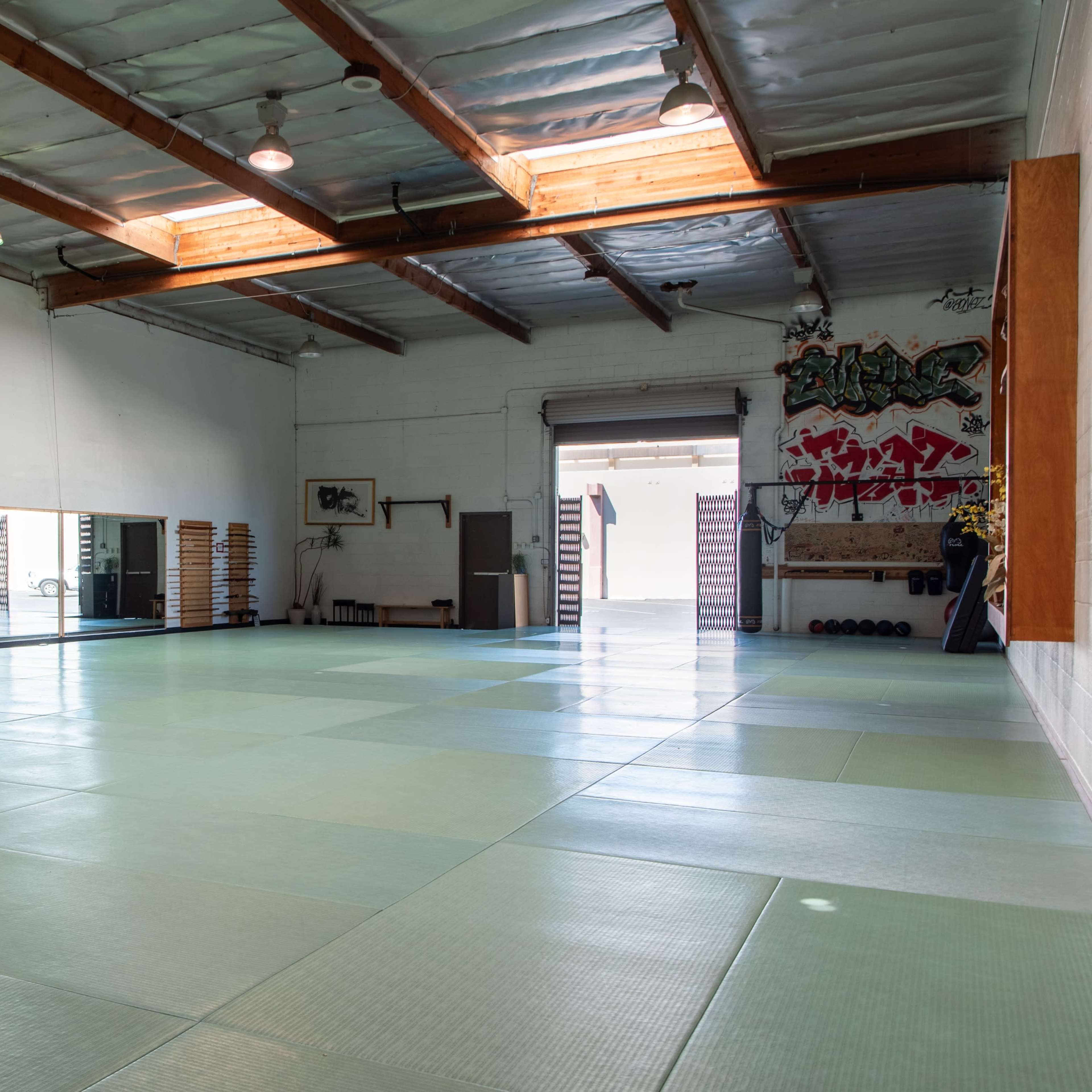 An empty martial arts studio with a mirrored wall, green mats, and a wide-open space leading to an exterior door.