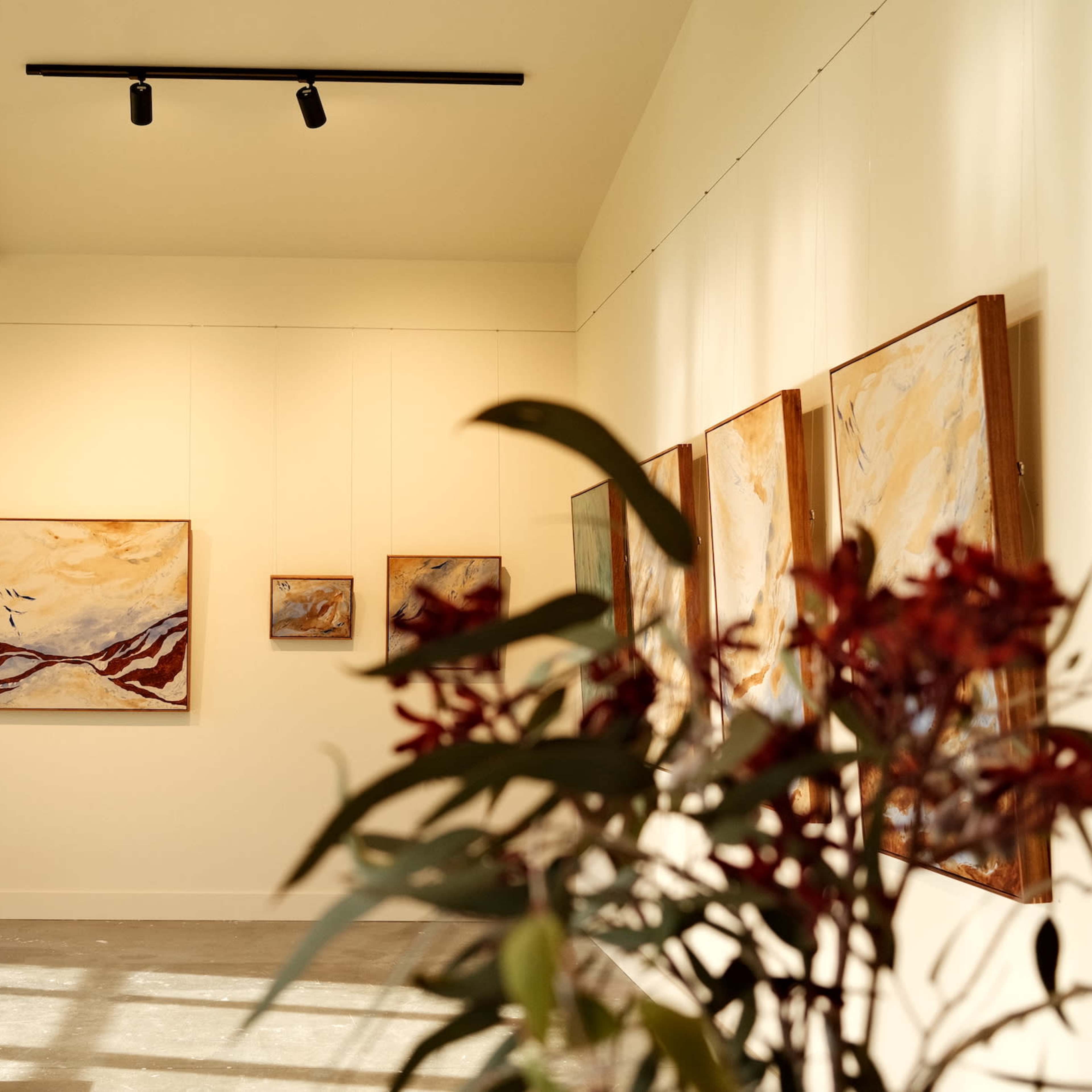 An art gallery displays a series of abstract paintings on the walls, with a view of a potted plant in the foreground.