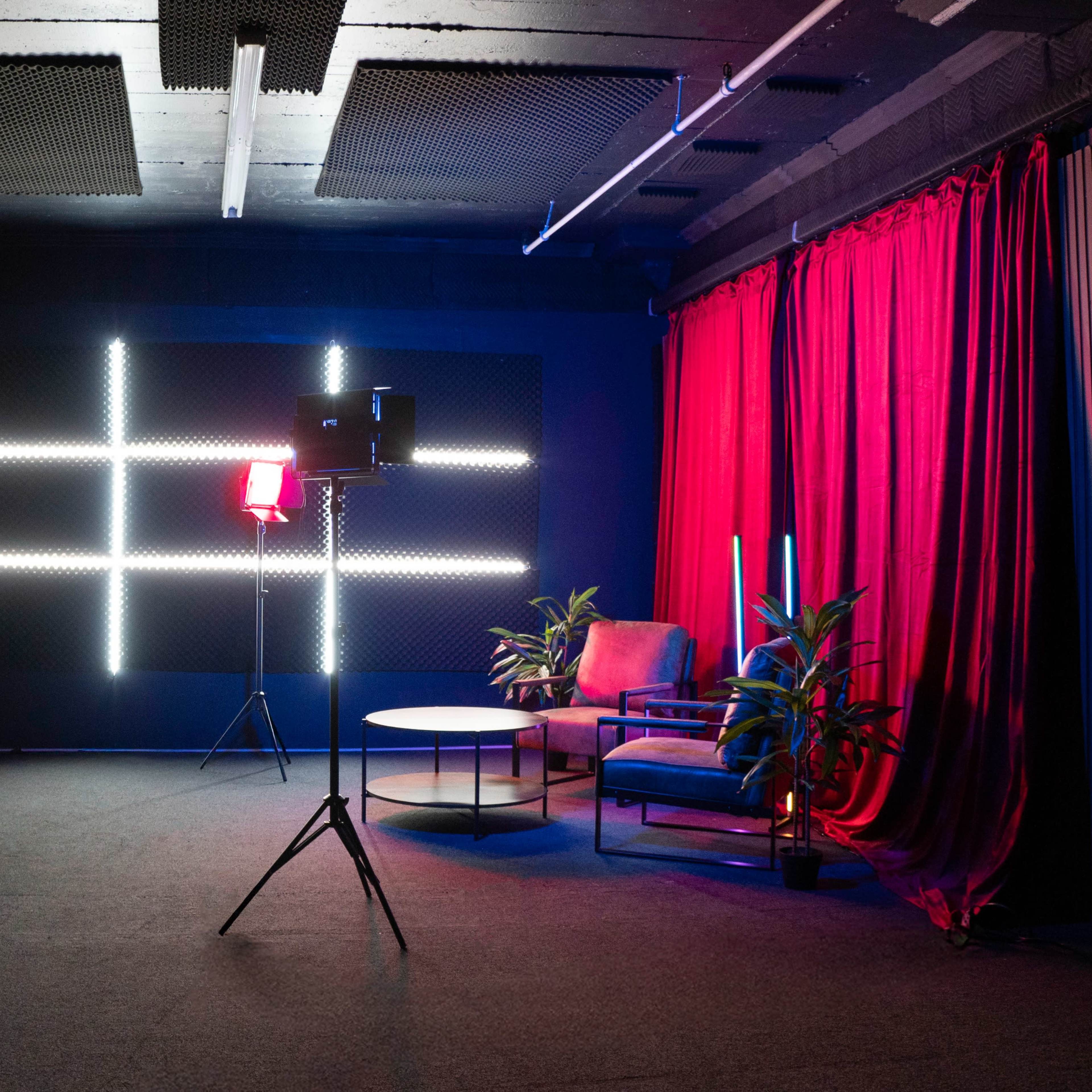 Updated Soundproof studio for music videos, interviews and podcasts with dark blue walls, LED wall lights and mirrors - PRO III Image in Downtown, Los Angeles, CA