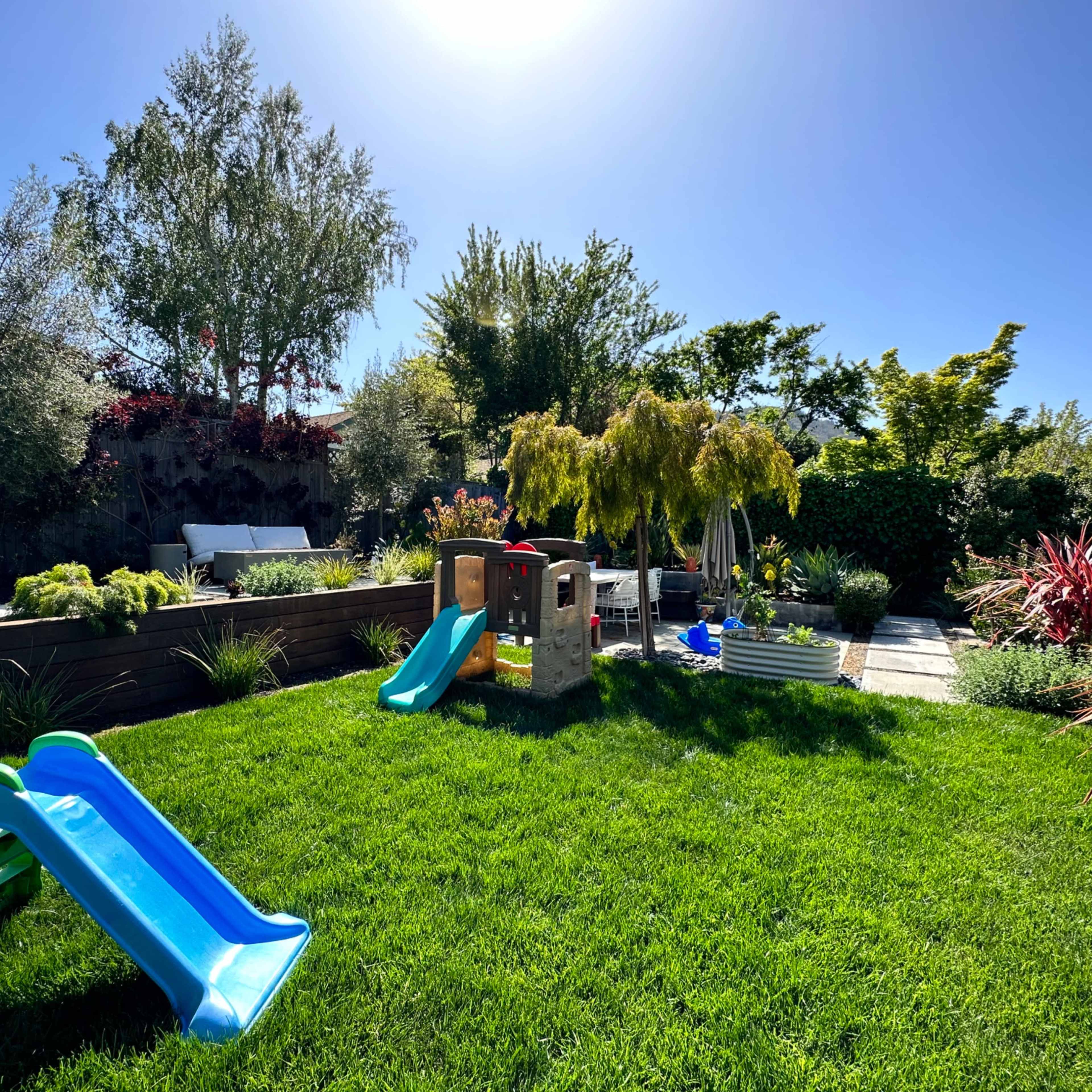 A lush backyard features a green lawn with a blue slide, a playhouse, and various plants and trees under a clear blue sky.