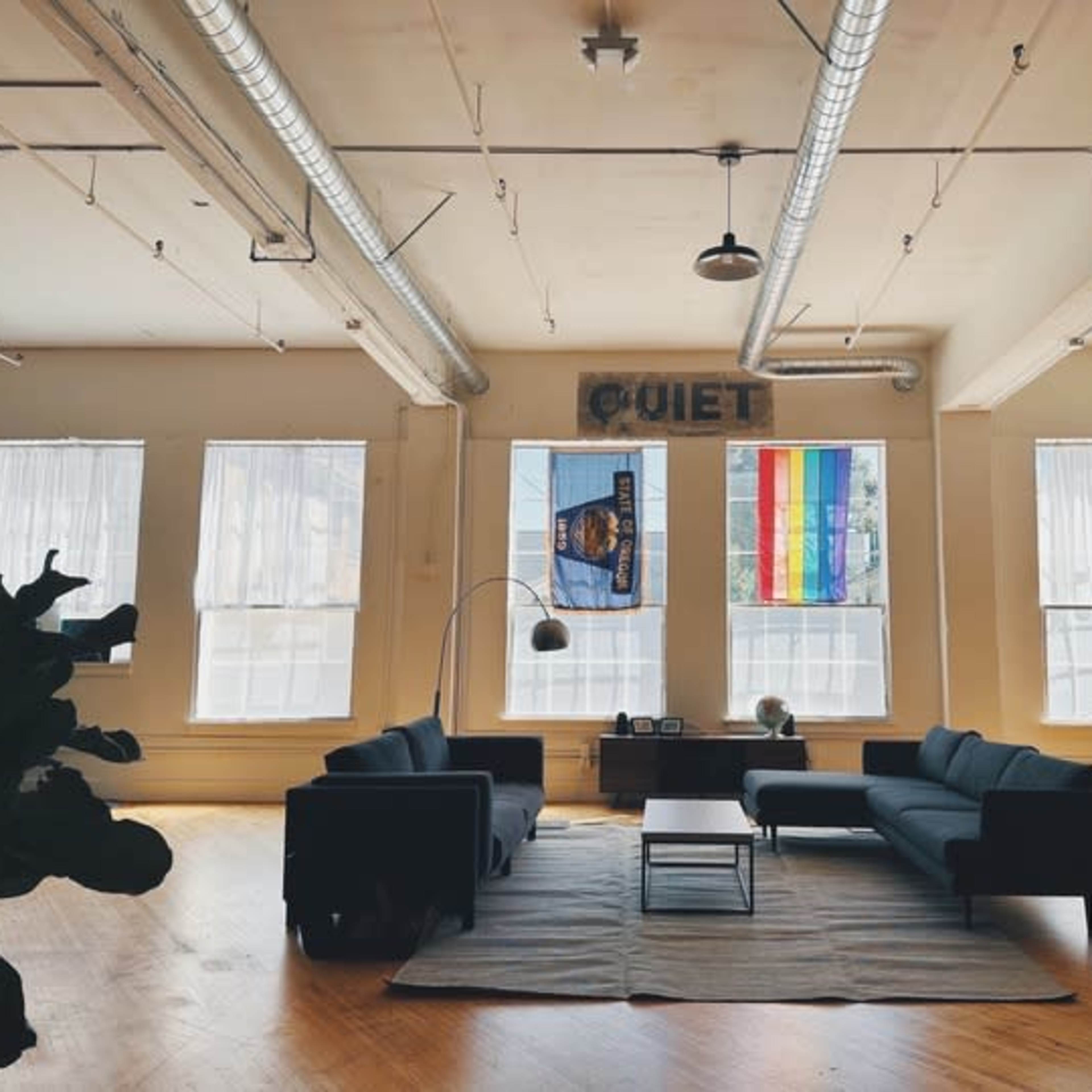 A spacious, minimalist living room features dark furniture, large windows, and a rainbow flag hanging alongside another flag on the walls.