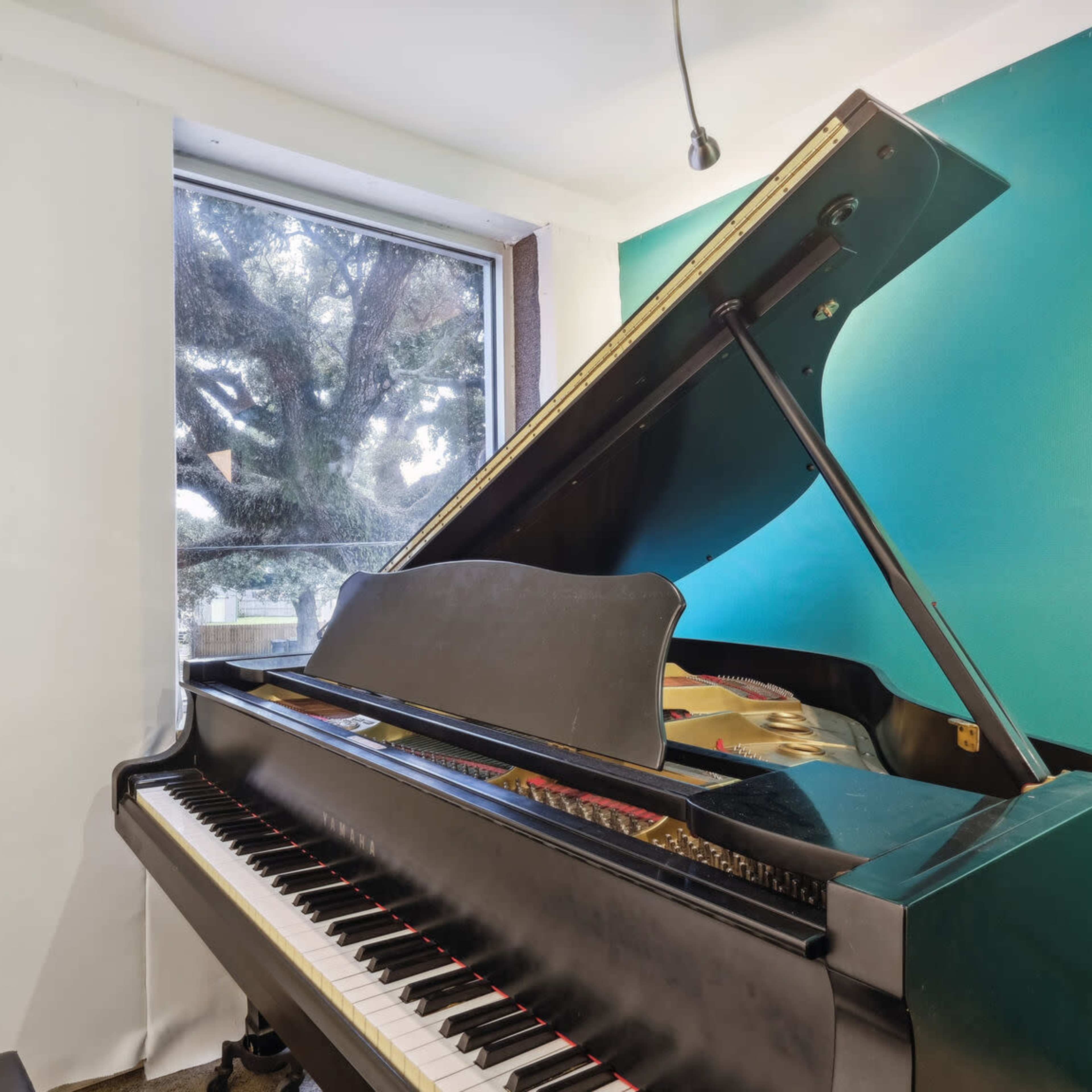 A grand piano is positioned in the corner of a brightly lit room next to a window with a view of a tree outside.
