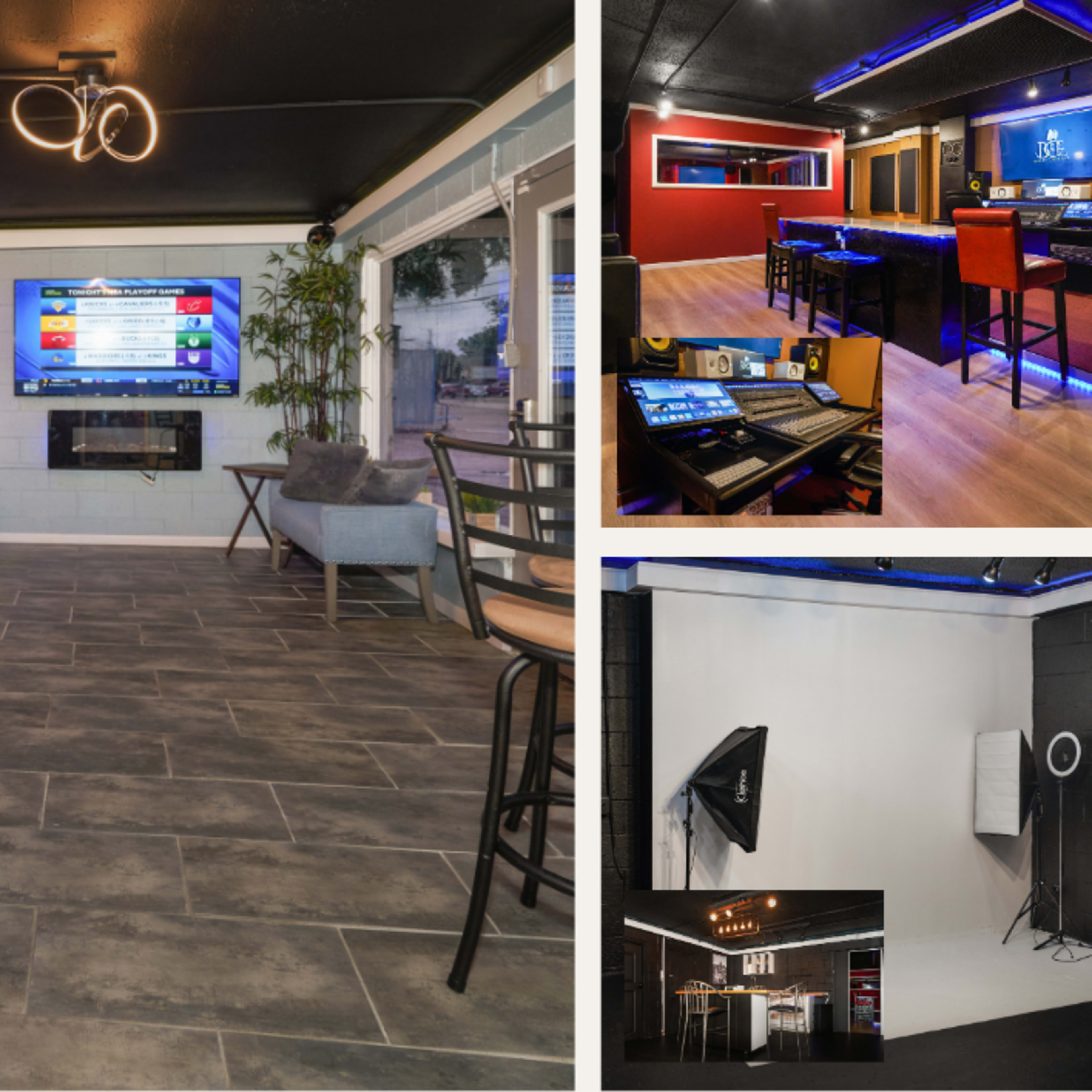 A modern entertainment space featuring a lounge area with seating, a bar with high stools, game tables, and multiple screens mounted on the walls.
