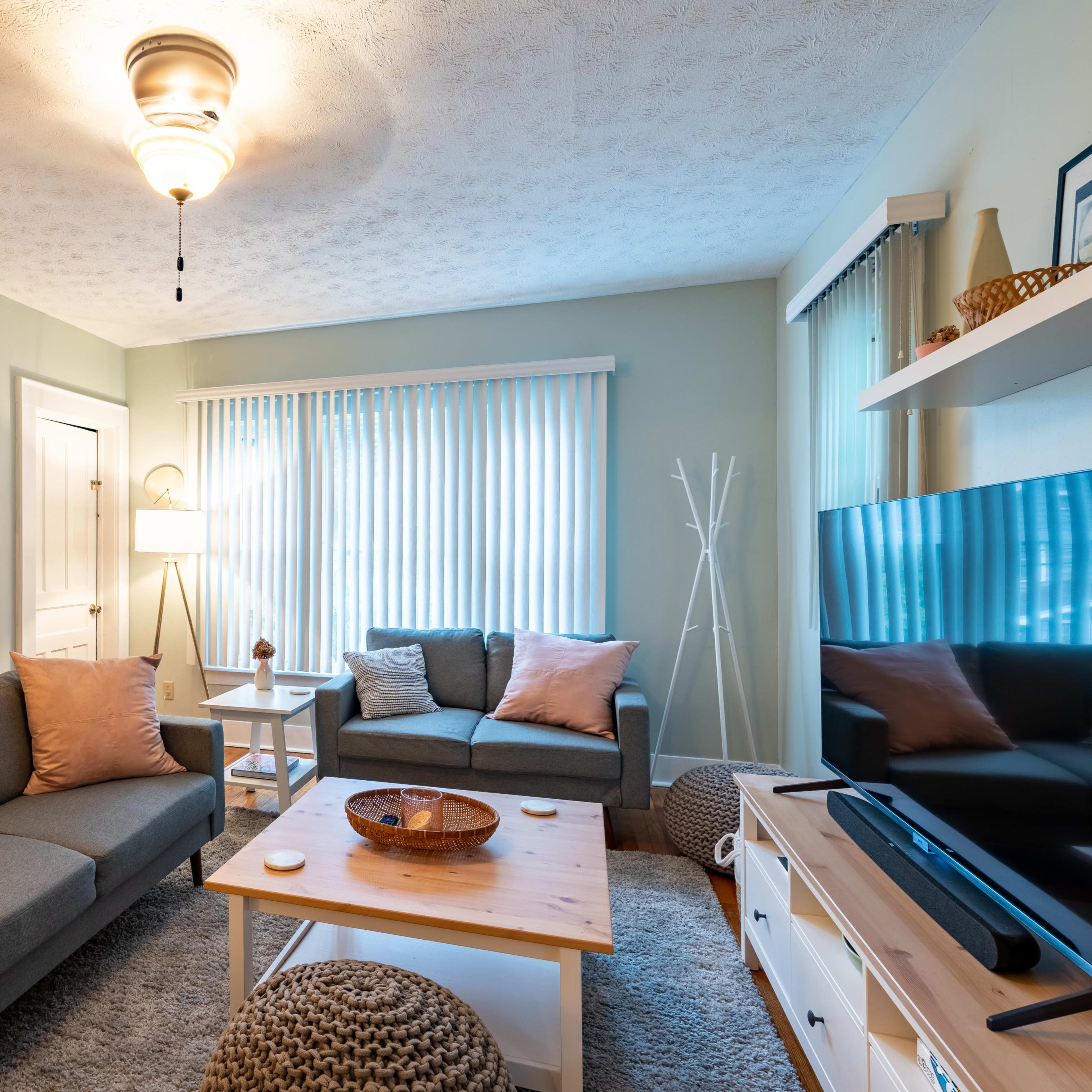 The living room features two gray sofas with pink pillows, a wooden coffee table, and a TV against a light green wall, illuminated by natural light through sheer curtains.