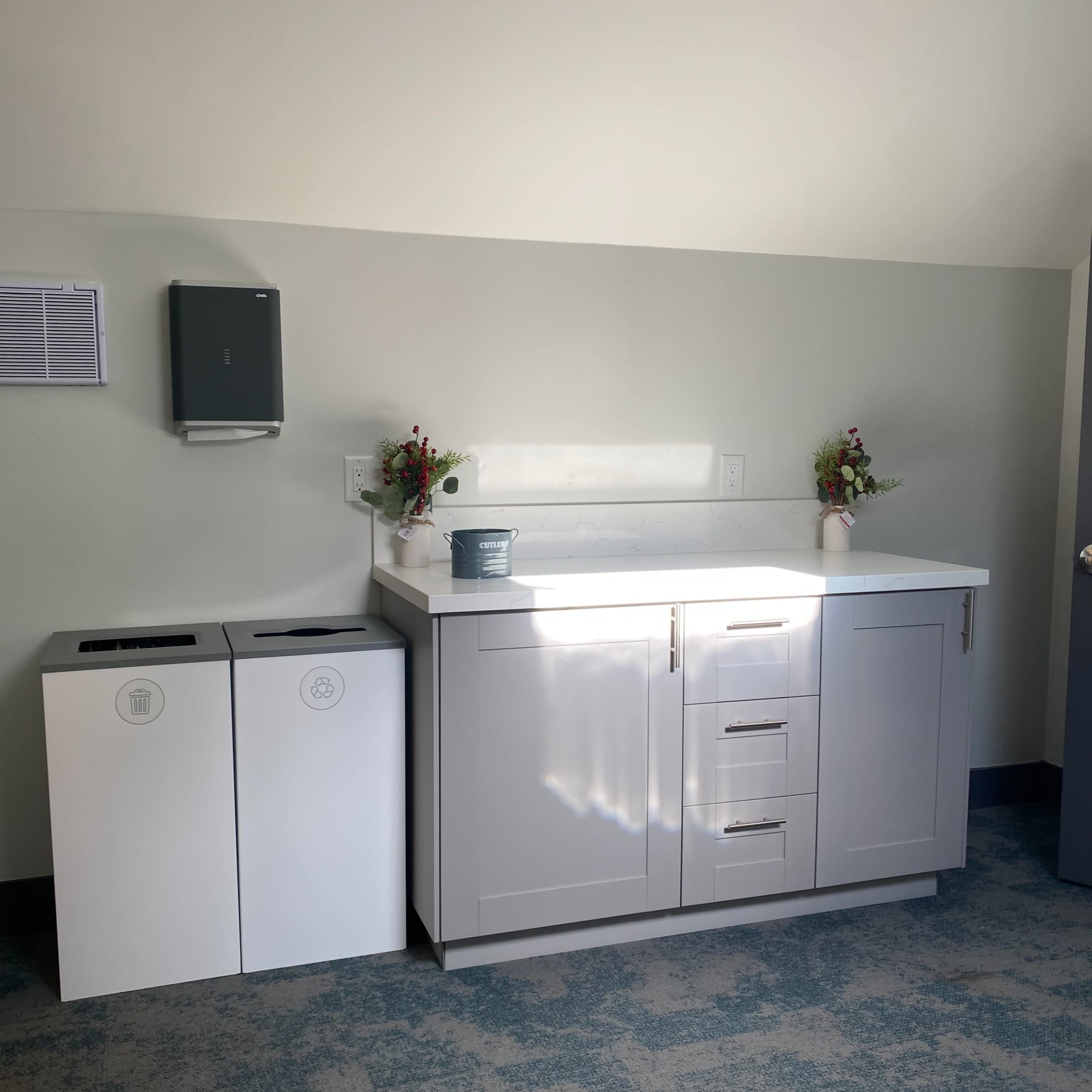 A clean, modern kitchenette area with a sink, cabinets, and two recycling and trash bins.