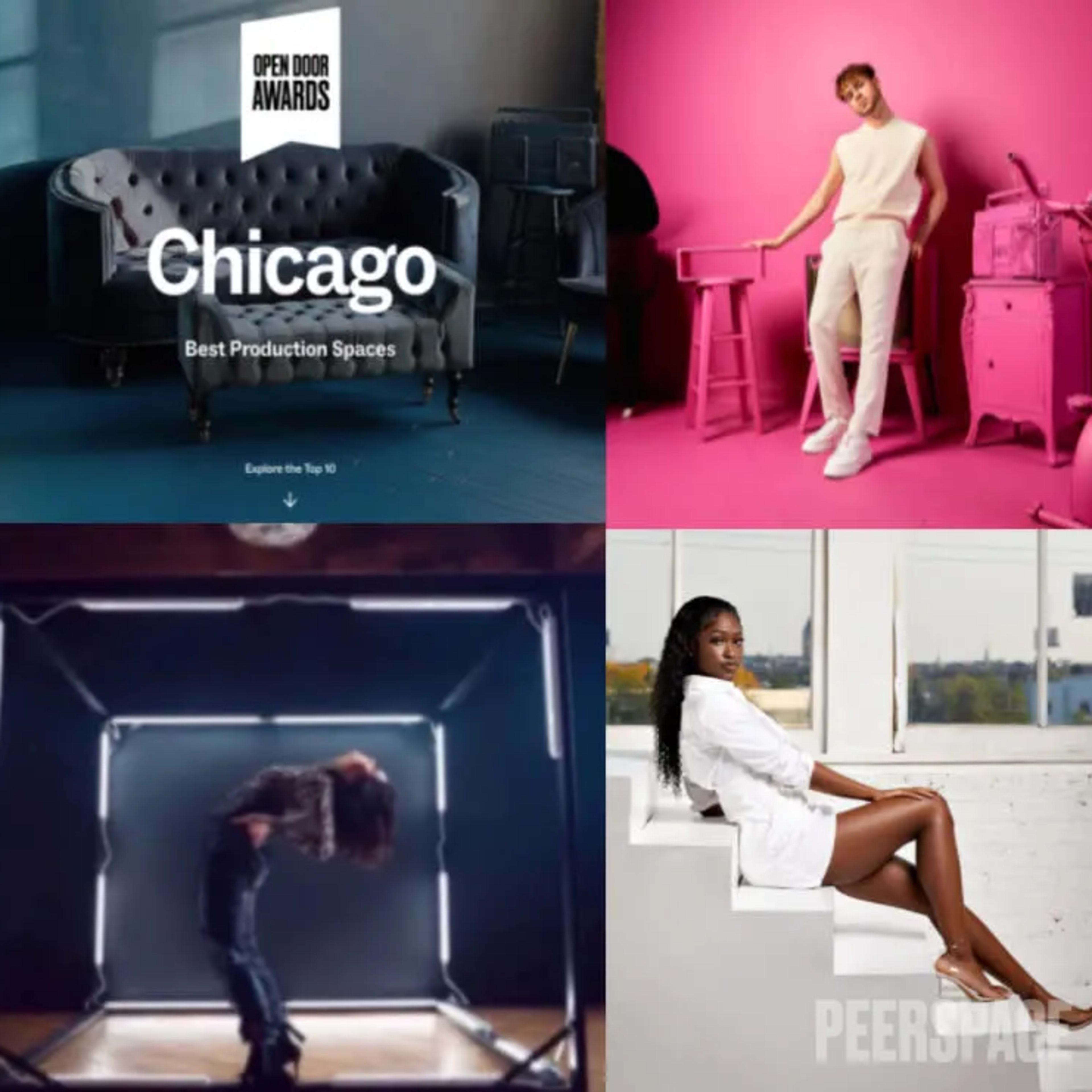 A grid of six scenes highlighting diverse production spaces in Chicago, featuring various setups including photography studios, stylish furniture, and a model in different poses.
