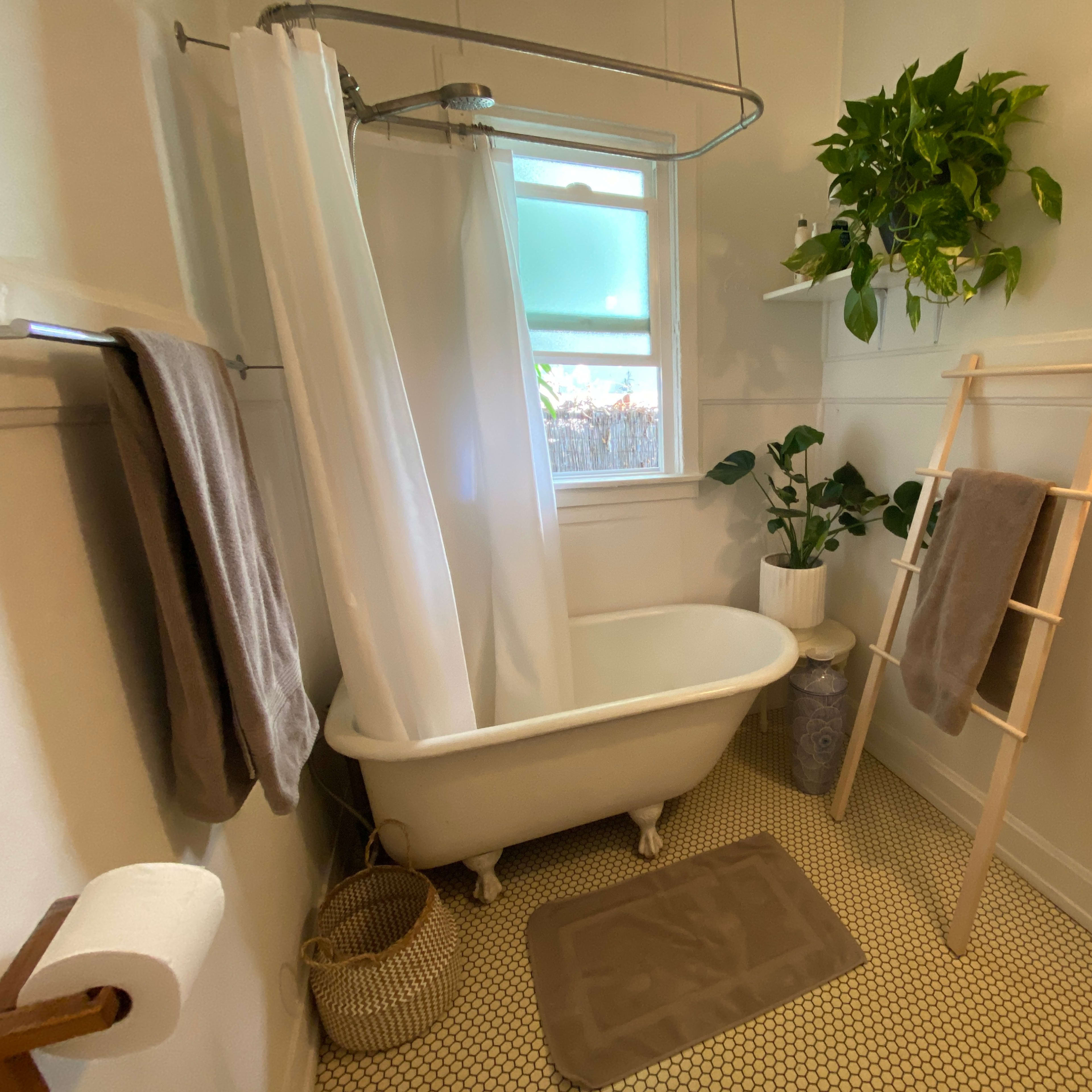 A small bathroom featuring a freestanding bathtub, a shower curtain, a sink with a mirror, and plants adding greenery to the space.