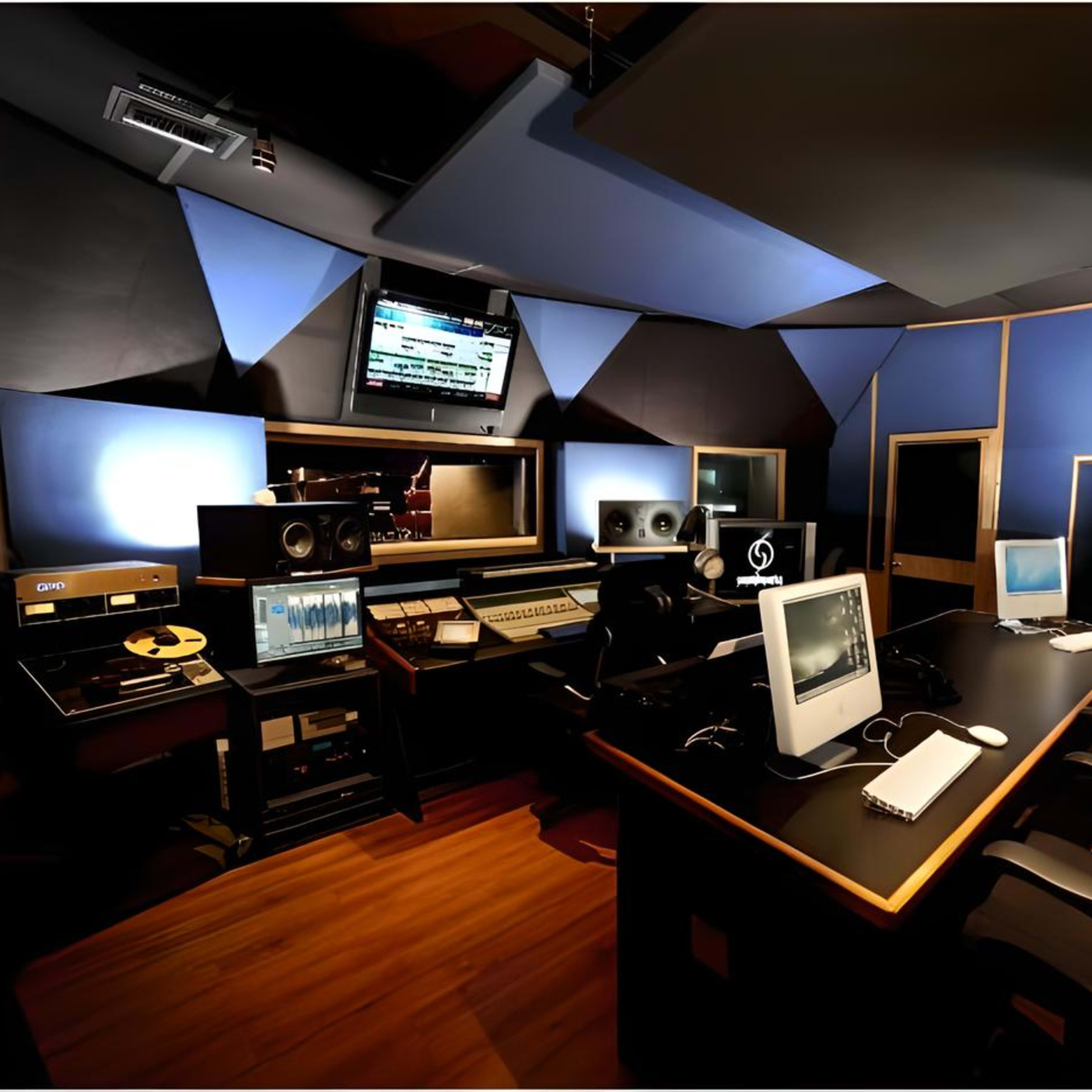 A music production studio equipped with sound equipment, computers, and a mixing desk in a room with acoustic paneling.