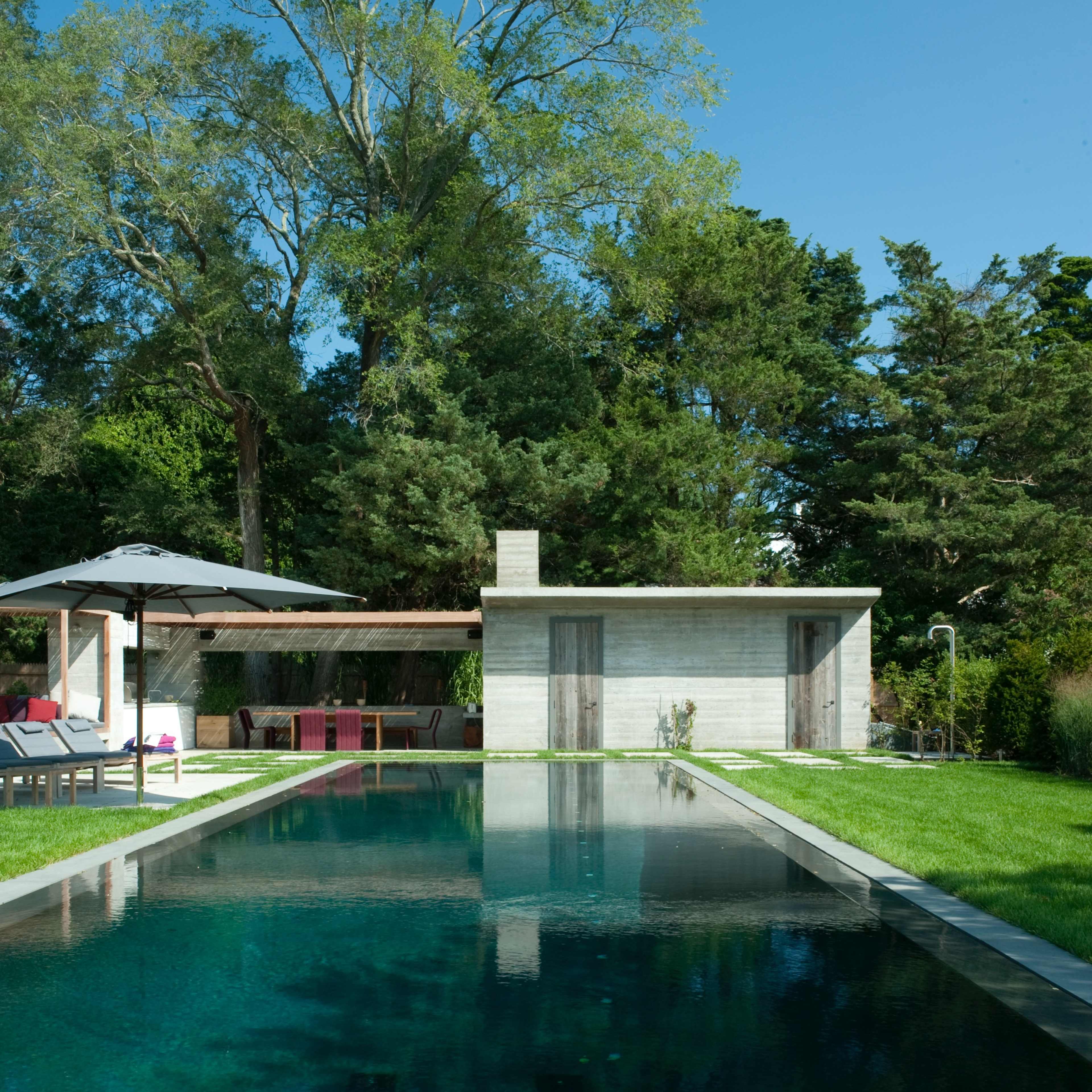 A modern backyard featuring a rectangular swimming pool surrounded by lush greenery and a small building in the background.