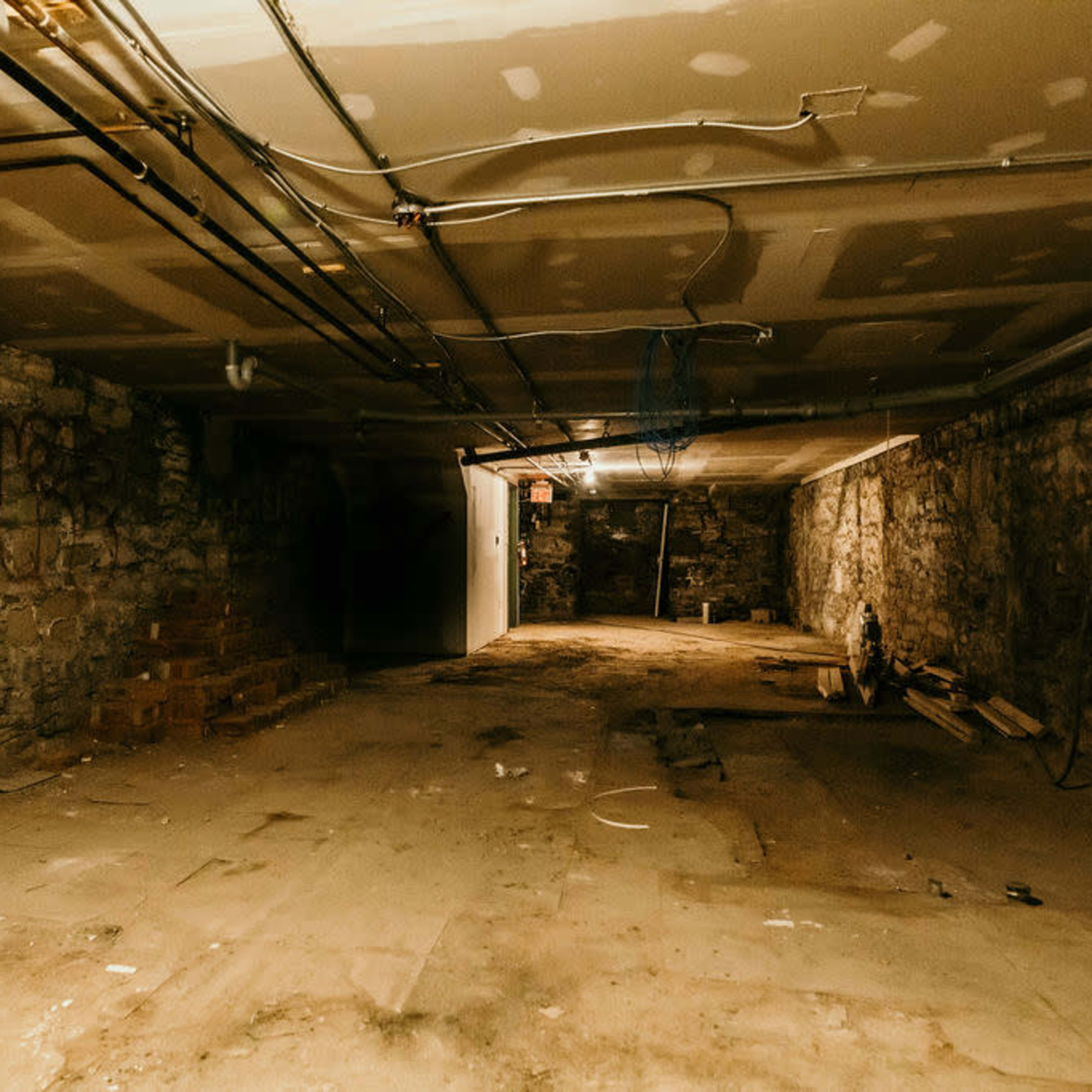 A spacious, unfinished basement with stone walls, exposed wiring, and a bare concrete floor.