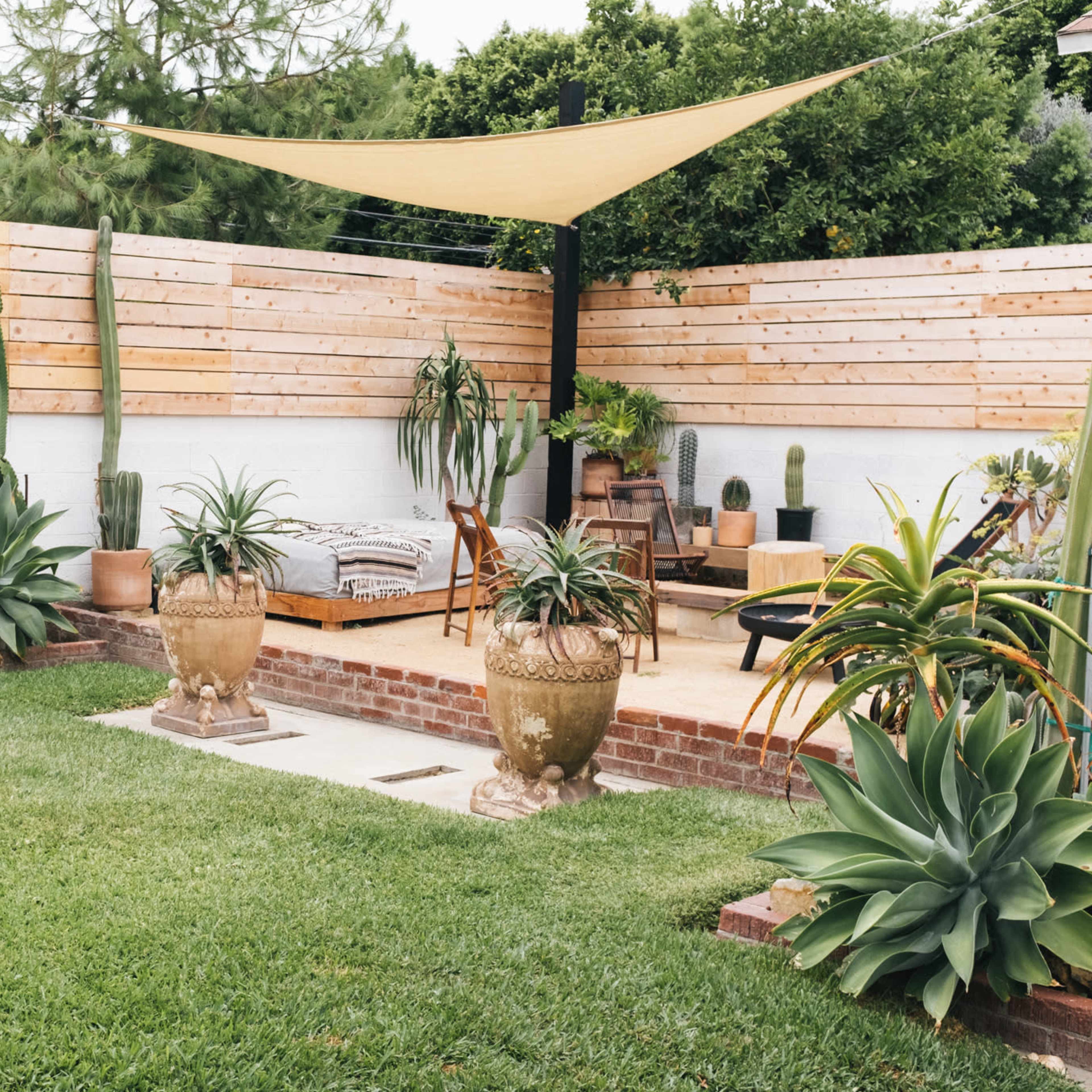 A landscaped backyard with a wooden seating area shaded by a sail, surrounded by various potted plants and cacti.
