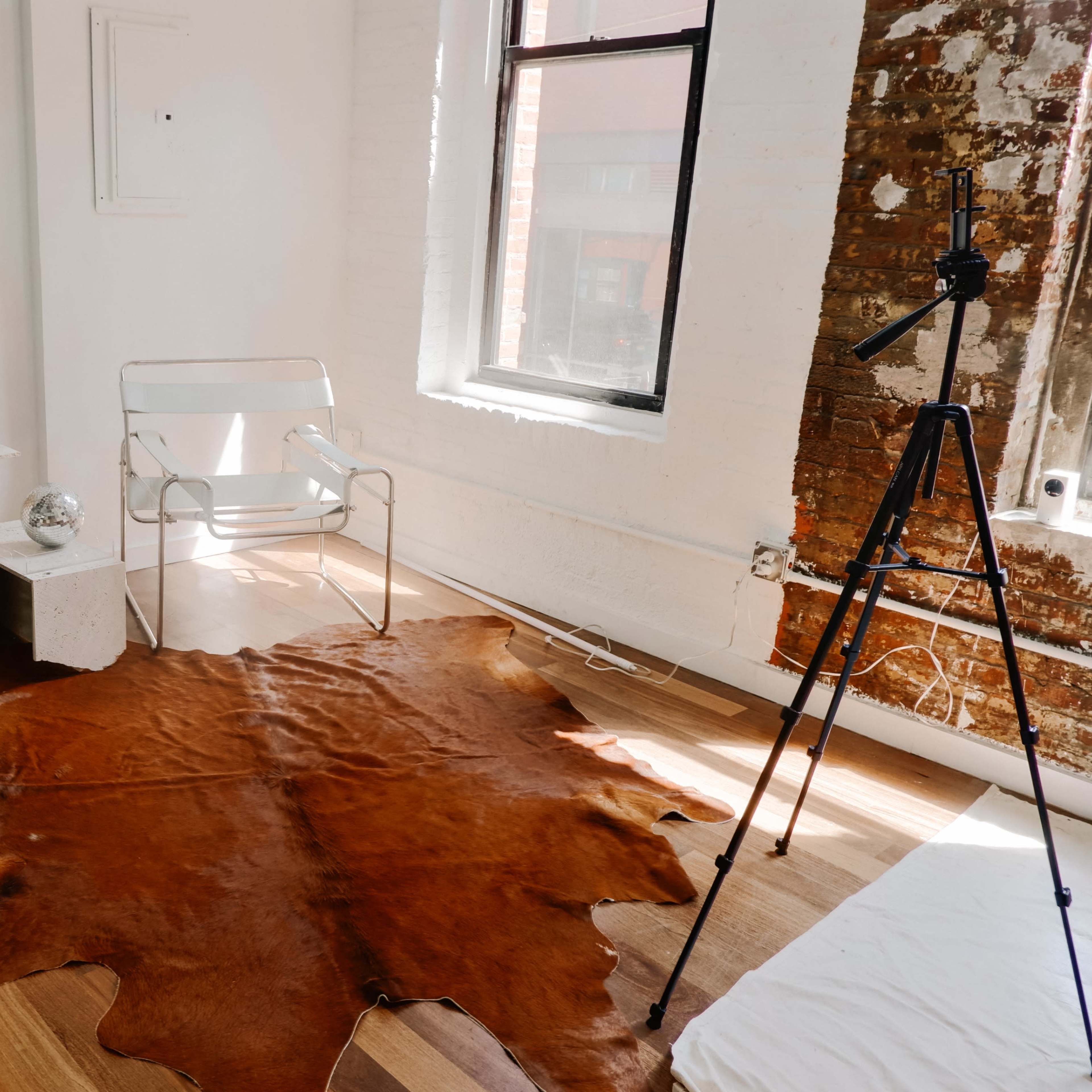 A minimalist room with two chairs, a tripod, a cowhide rug on the wooden floor, and a window revealing a brick wall.