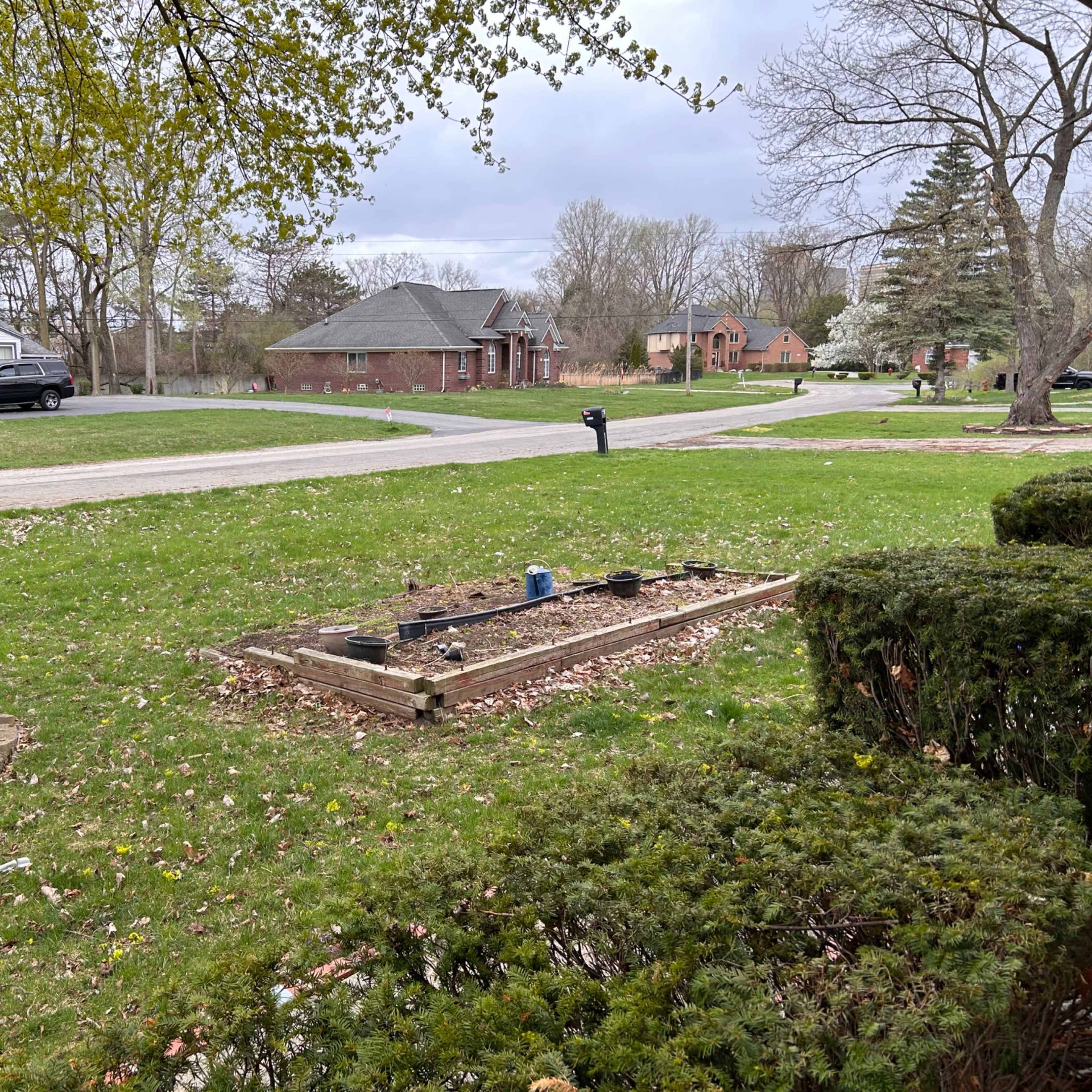A grassy front yard with a garden bed bordered by wood, a gravel path, and houses on the opposite side of the street.