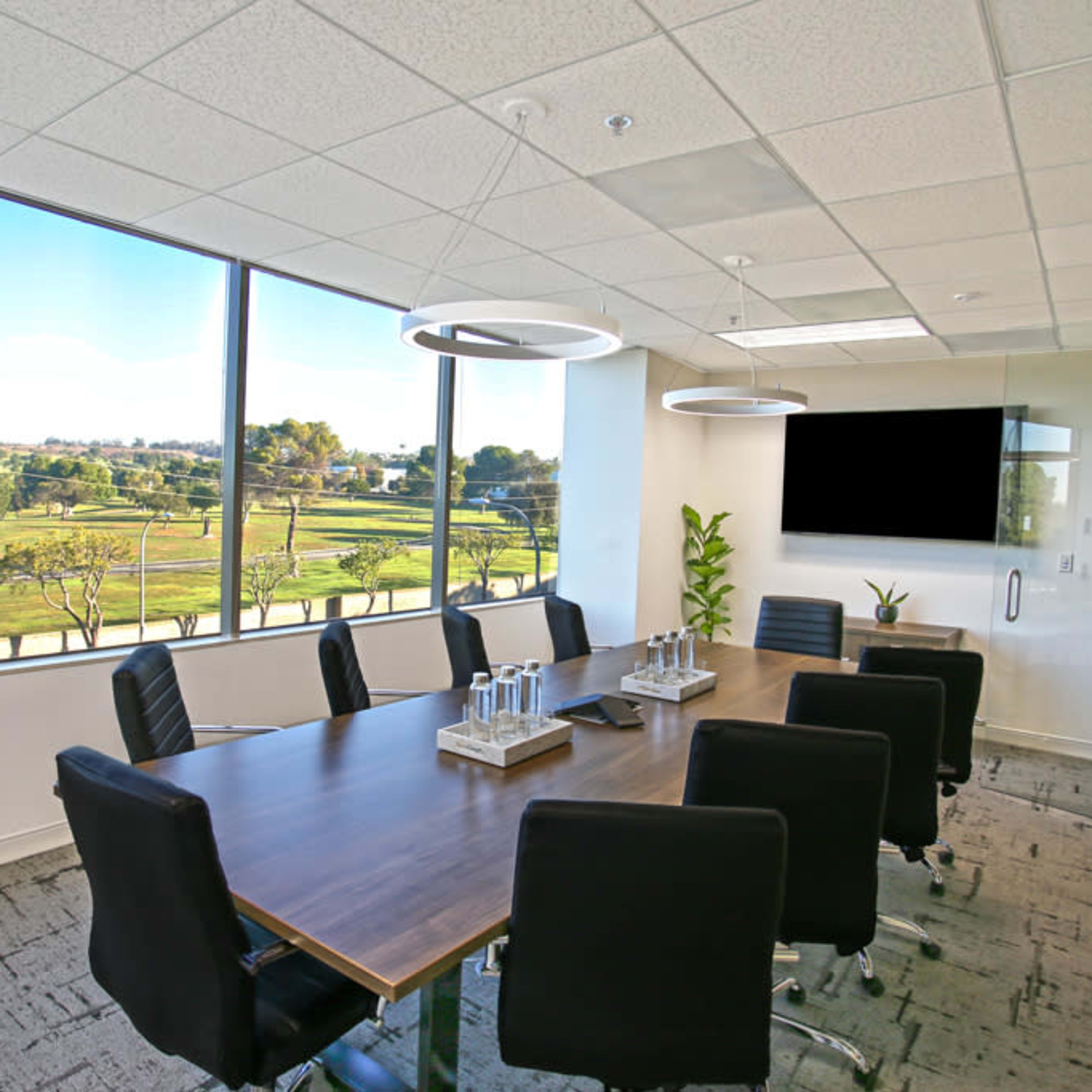 A modern conference room features a large wooden table surrounded by black chairs, with large windows offering a view of greenery outside.