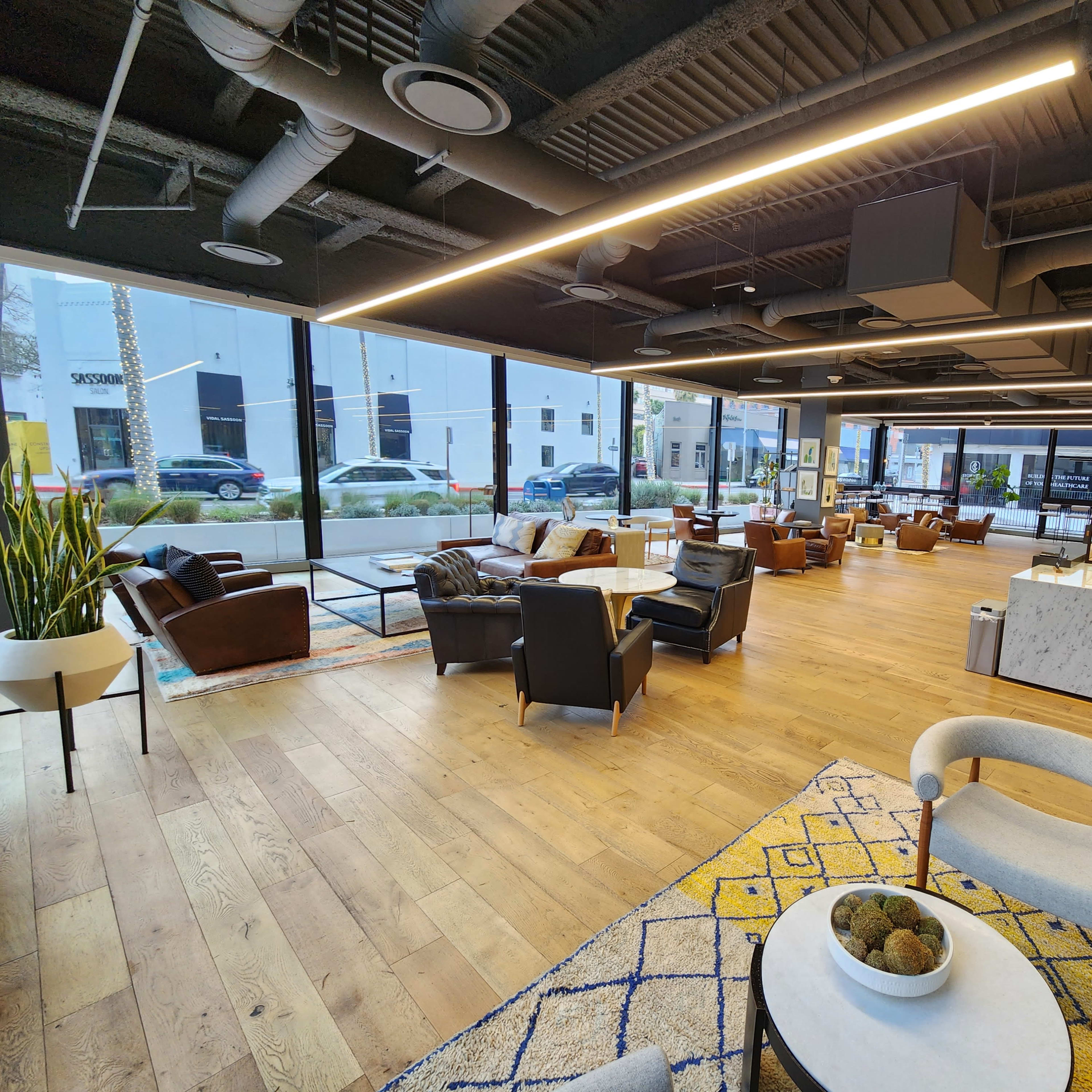 A spacious, modern office lounge with wooden floors, large windows, and a mix of seating arrangements.