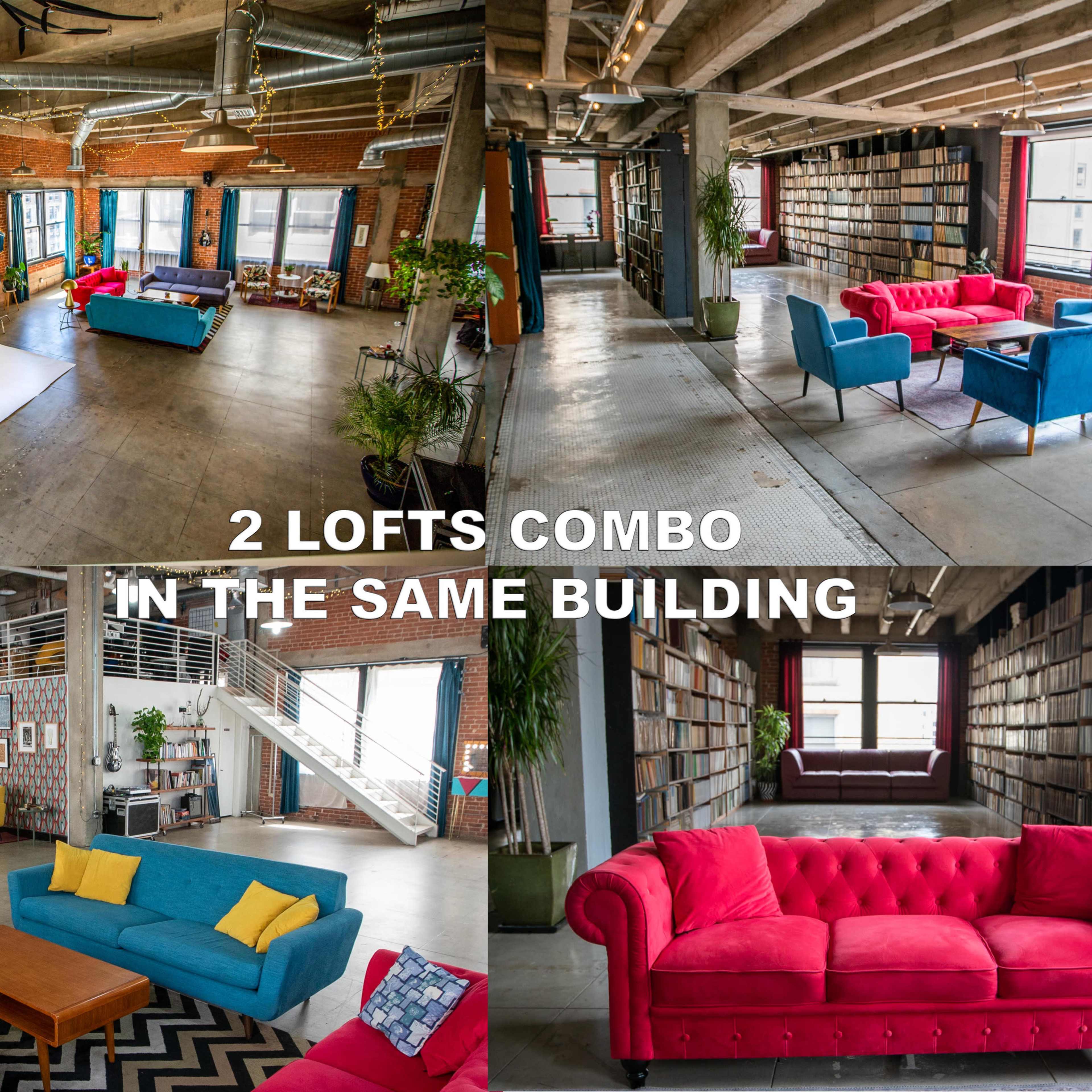 Two loft spaces within the same building, featuring colorful furniture, a large white backdrop, and shelves lined with books.