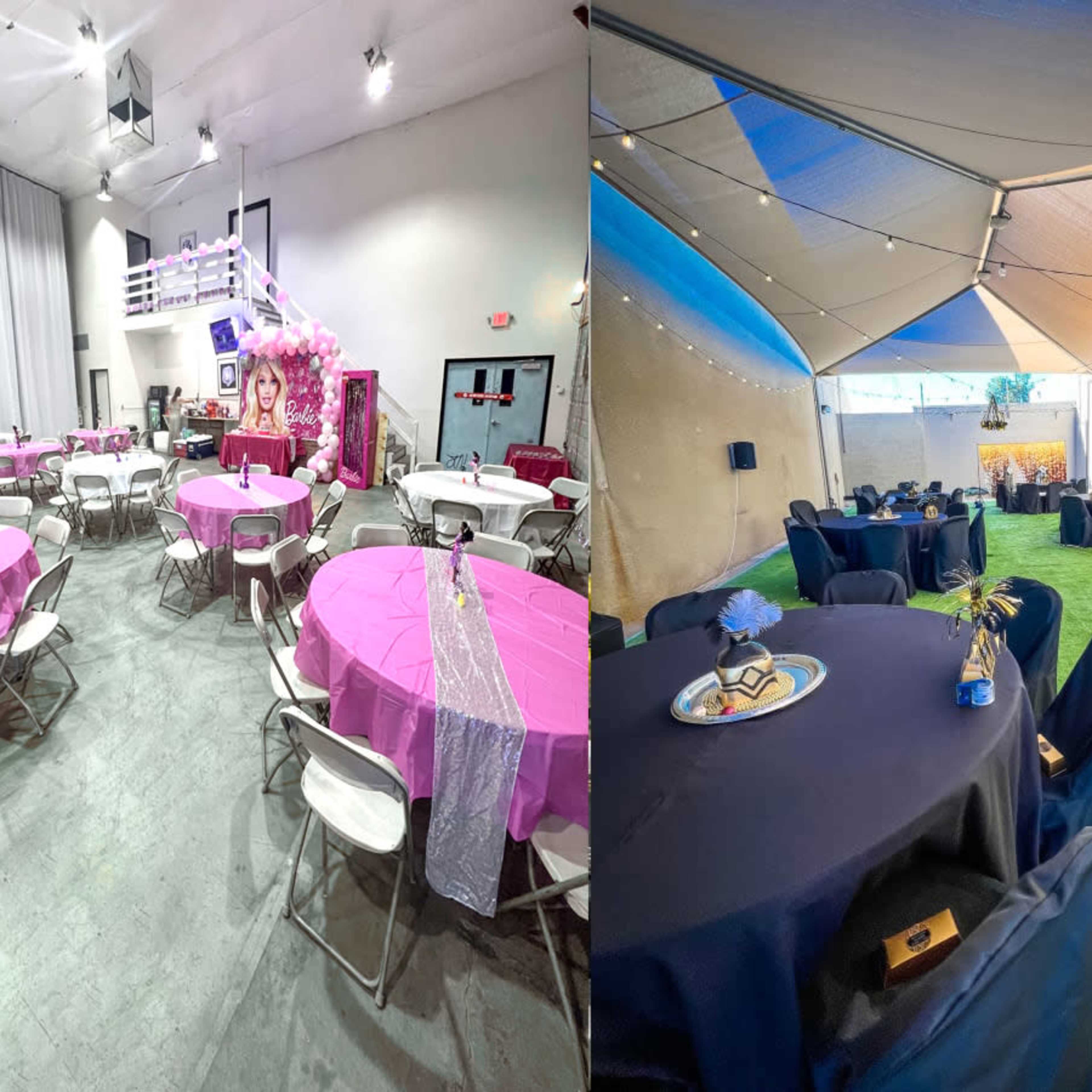 Two event spaces: the left features a room with pink tablecloths and festive decor, while the right displays an outdoor area with black-covered tables under a canopy on grass.