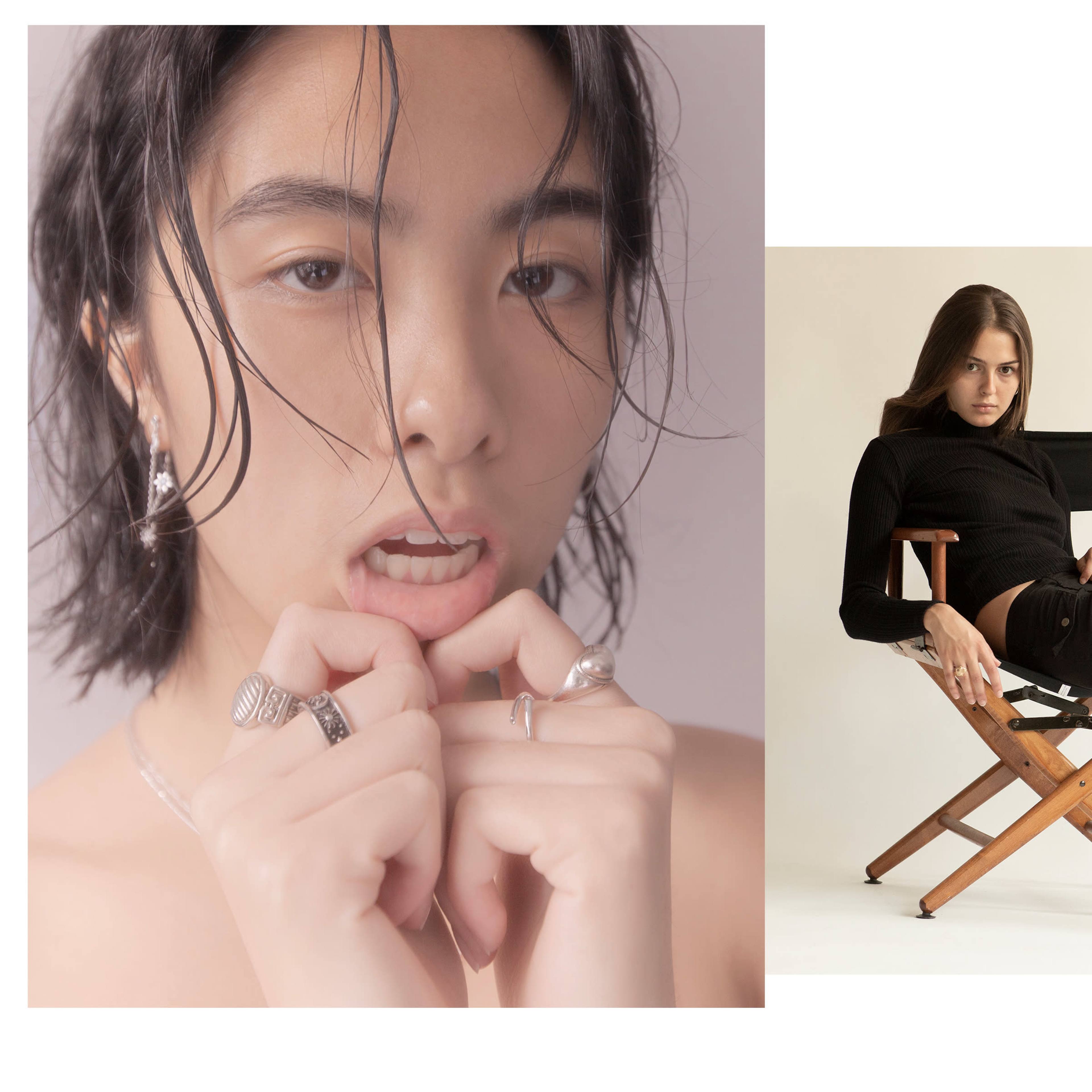 Two models: one on the left with wet hair showcasing jewelry and the other on the right posing casually in black clothing on a director's chair.