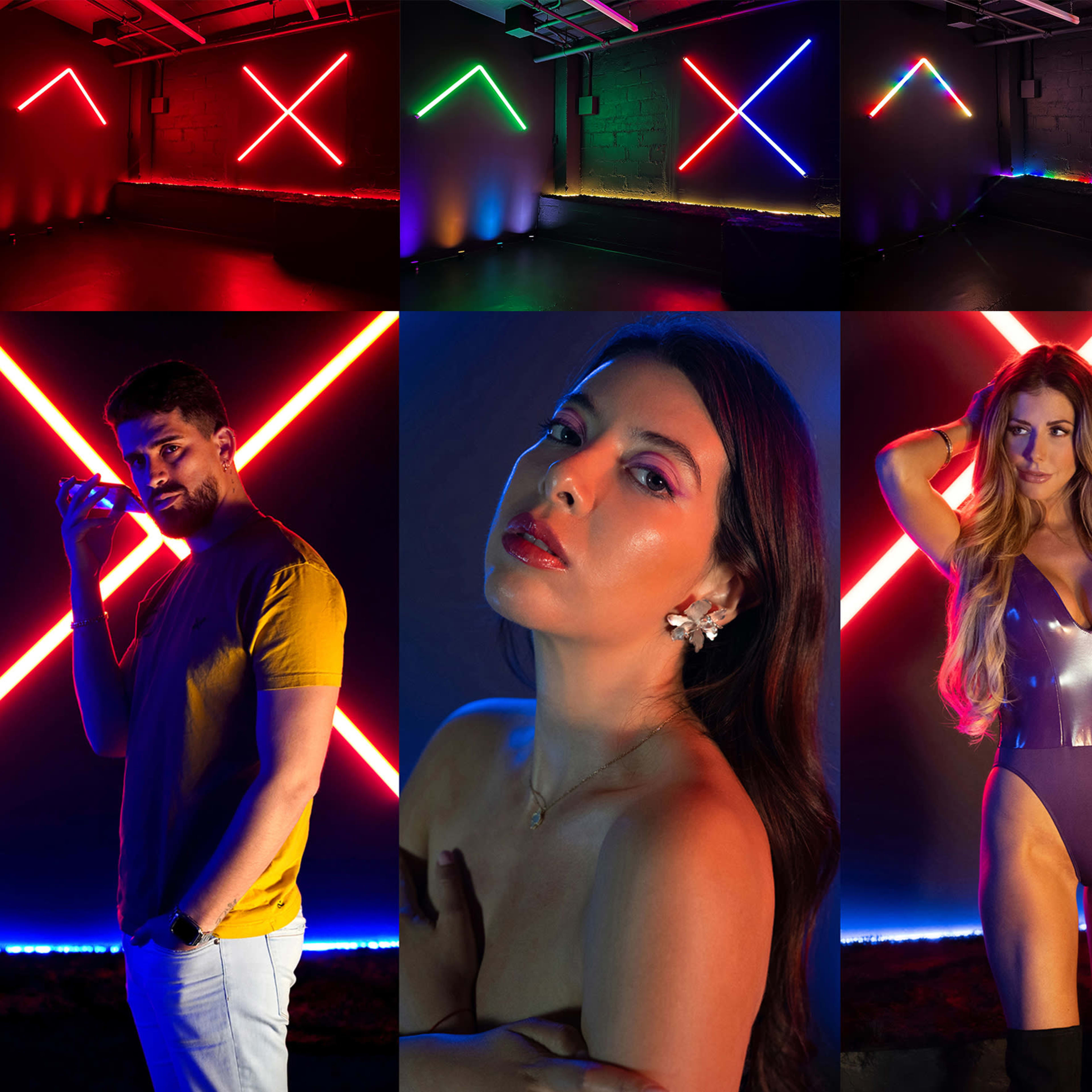 A collage of four scenes, each showcasing individuals posed against a backdrop of colorful neon lighting in various arrangements.