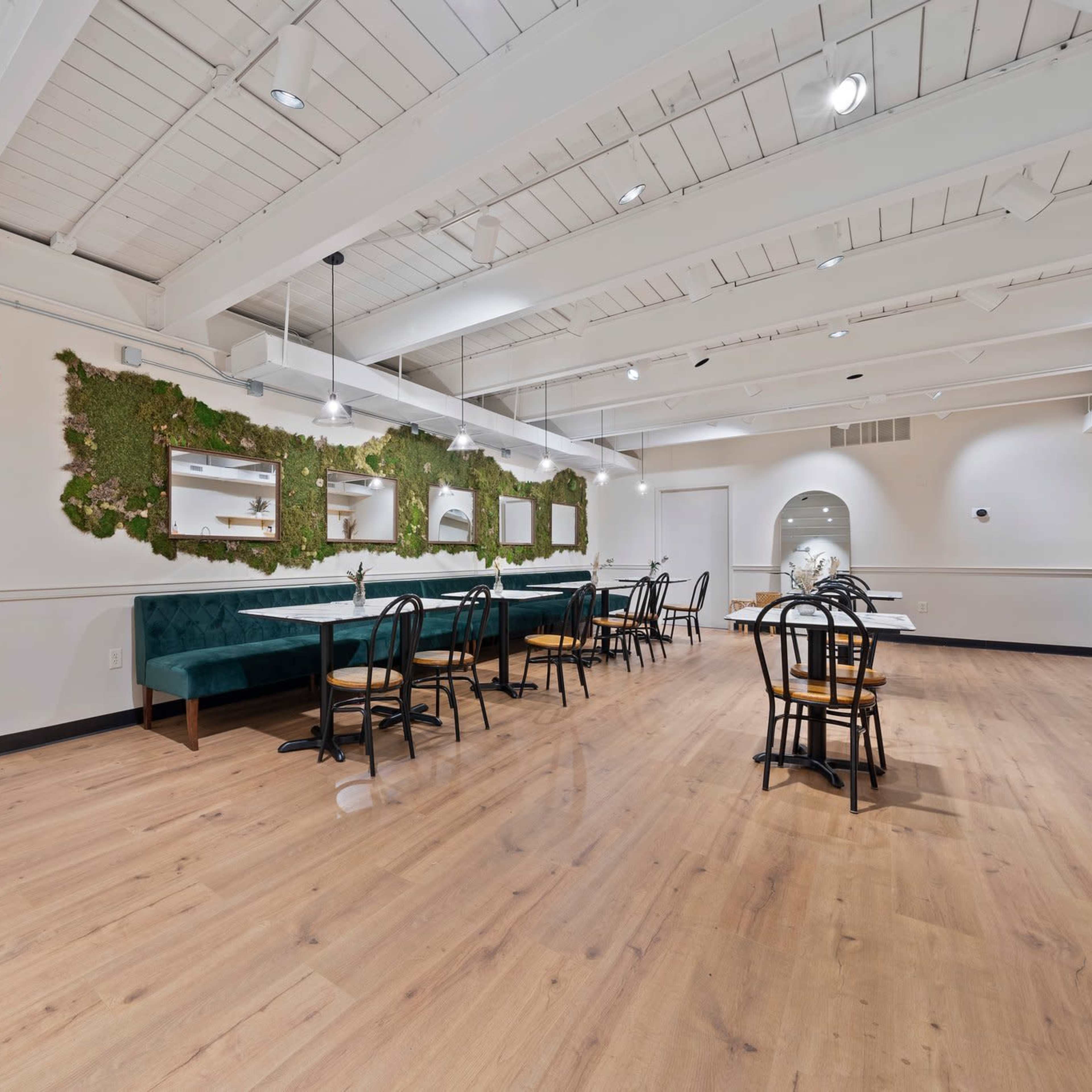 A spacious interior with a green wall feature, several mirrors, and a mix of seating arrangements including long benches and individual chairs.