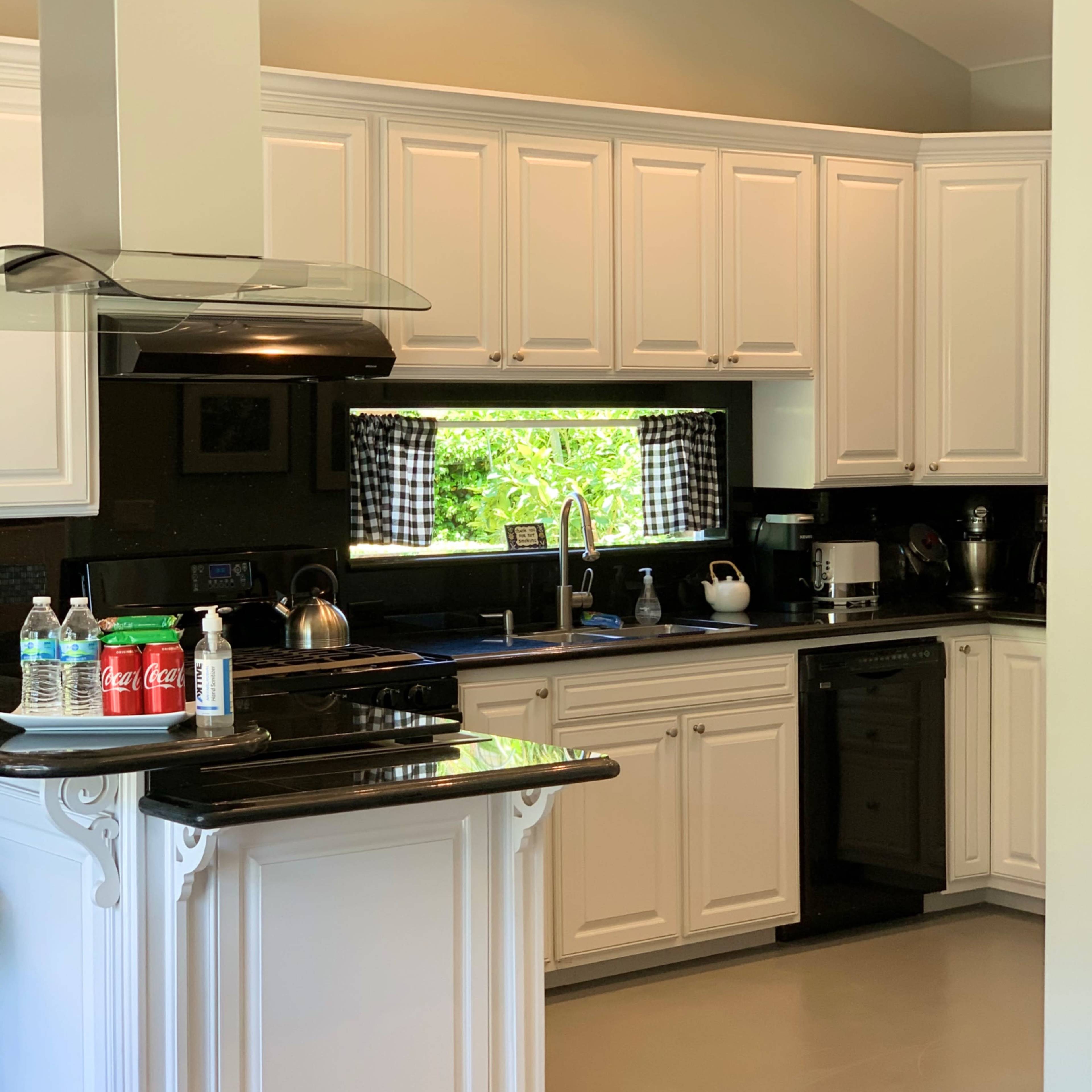 A modern kitchen with white cabinetry, a black countertop, and stainless steel appliances, featuring a window with checkered curtains.