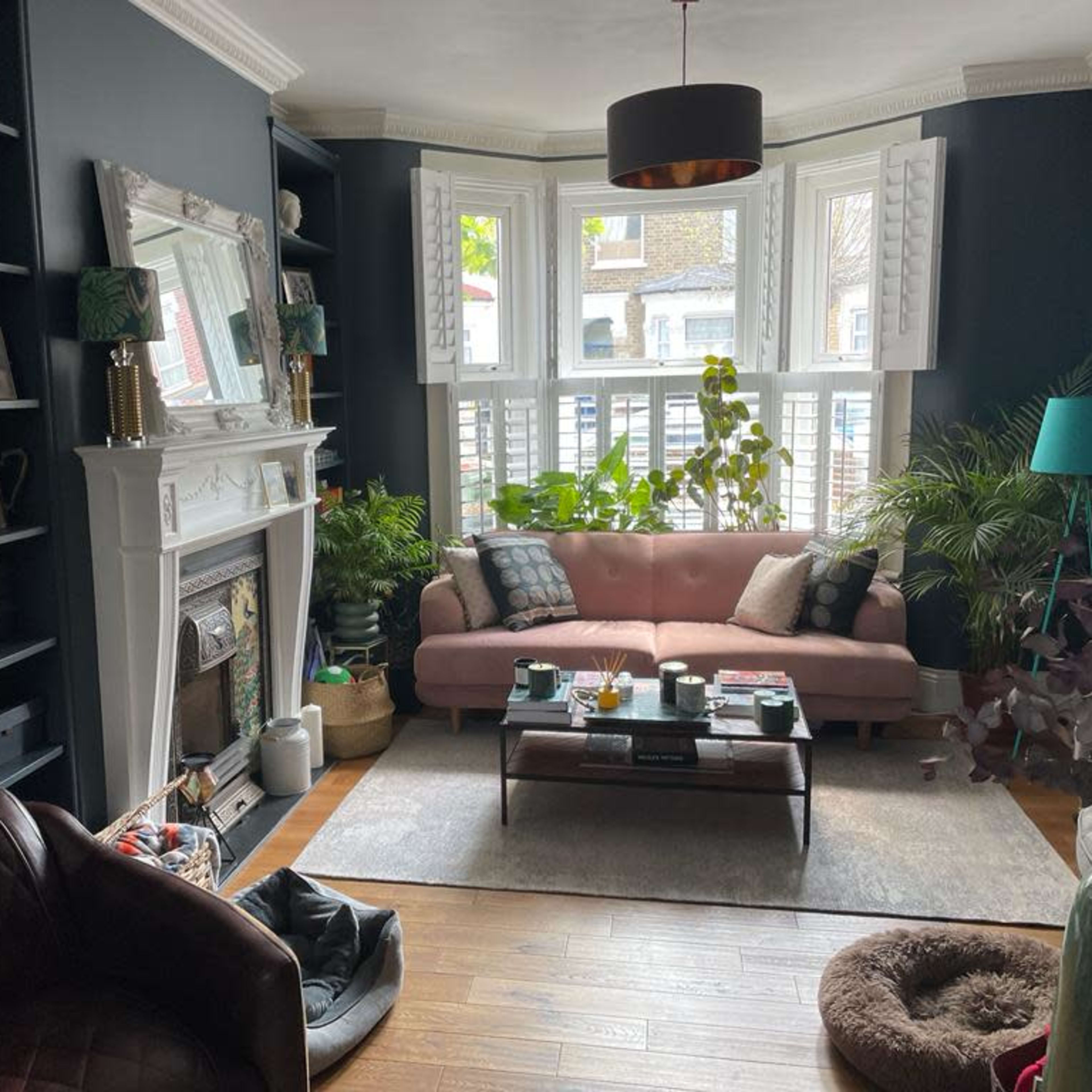 A modern living room featuring a pink sofa, a fireplace, bookshelves, and large windows with plants positioned throughout.