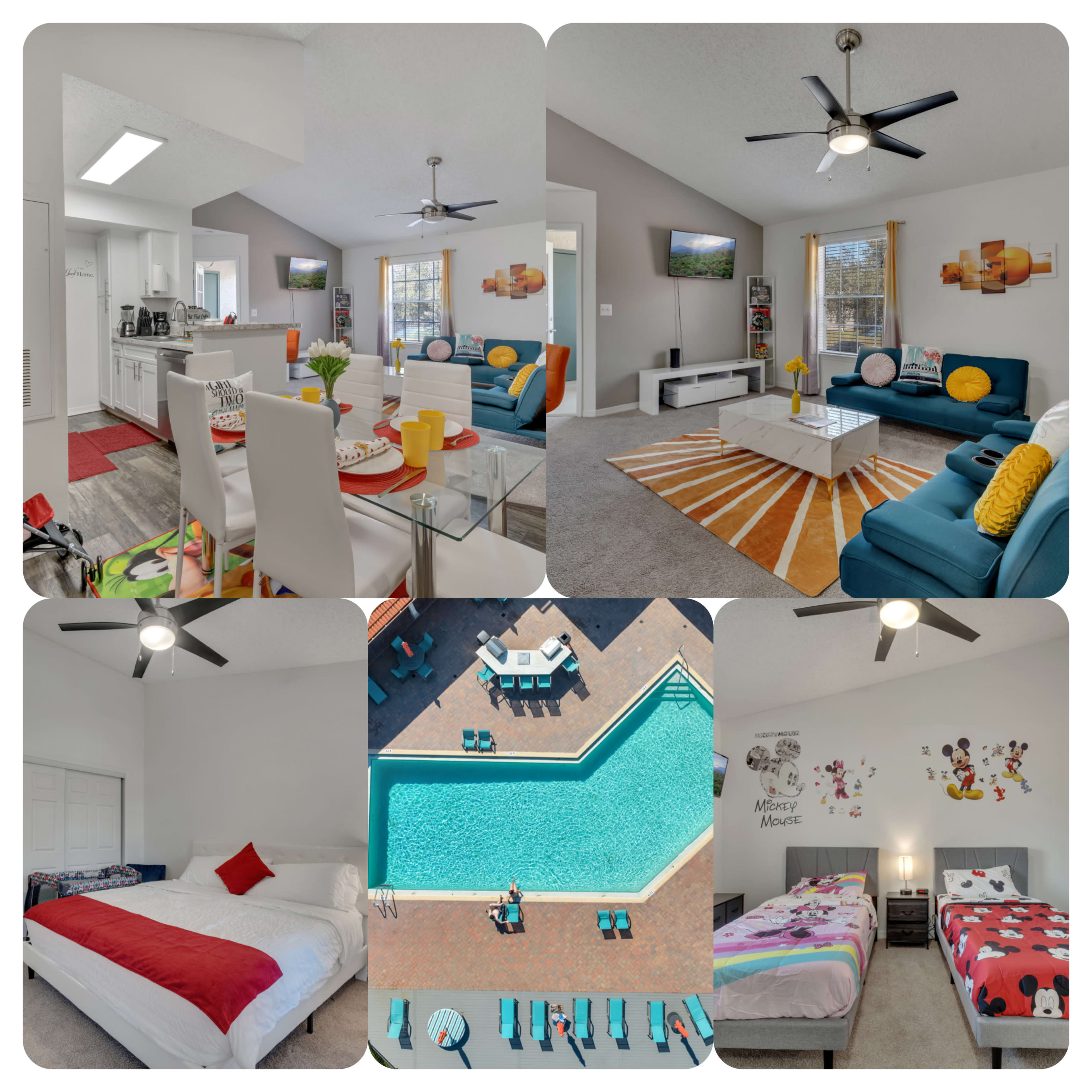 A spacious living area with modern furniture, a dining setup, an outdoor pool view, and two bedrooms with distinct styles.