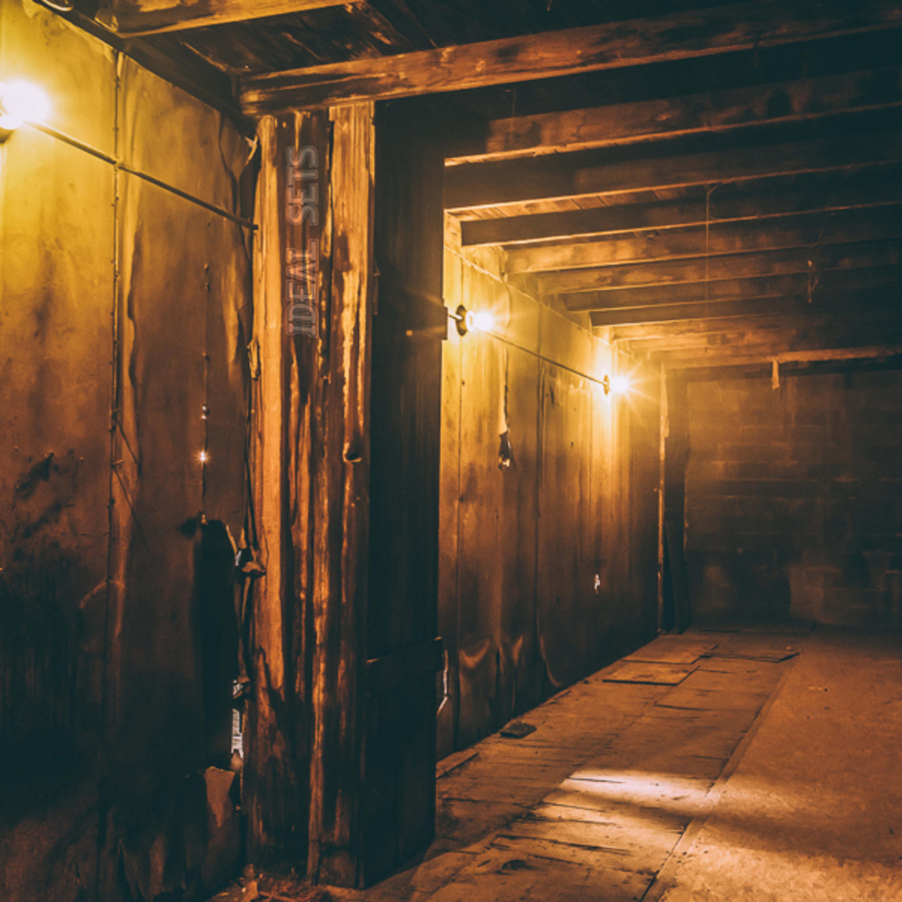 A dimly lit, narrow hallway with exposed wooden beams and concrete walls.