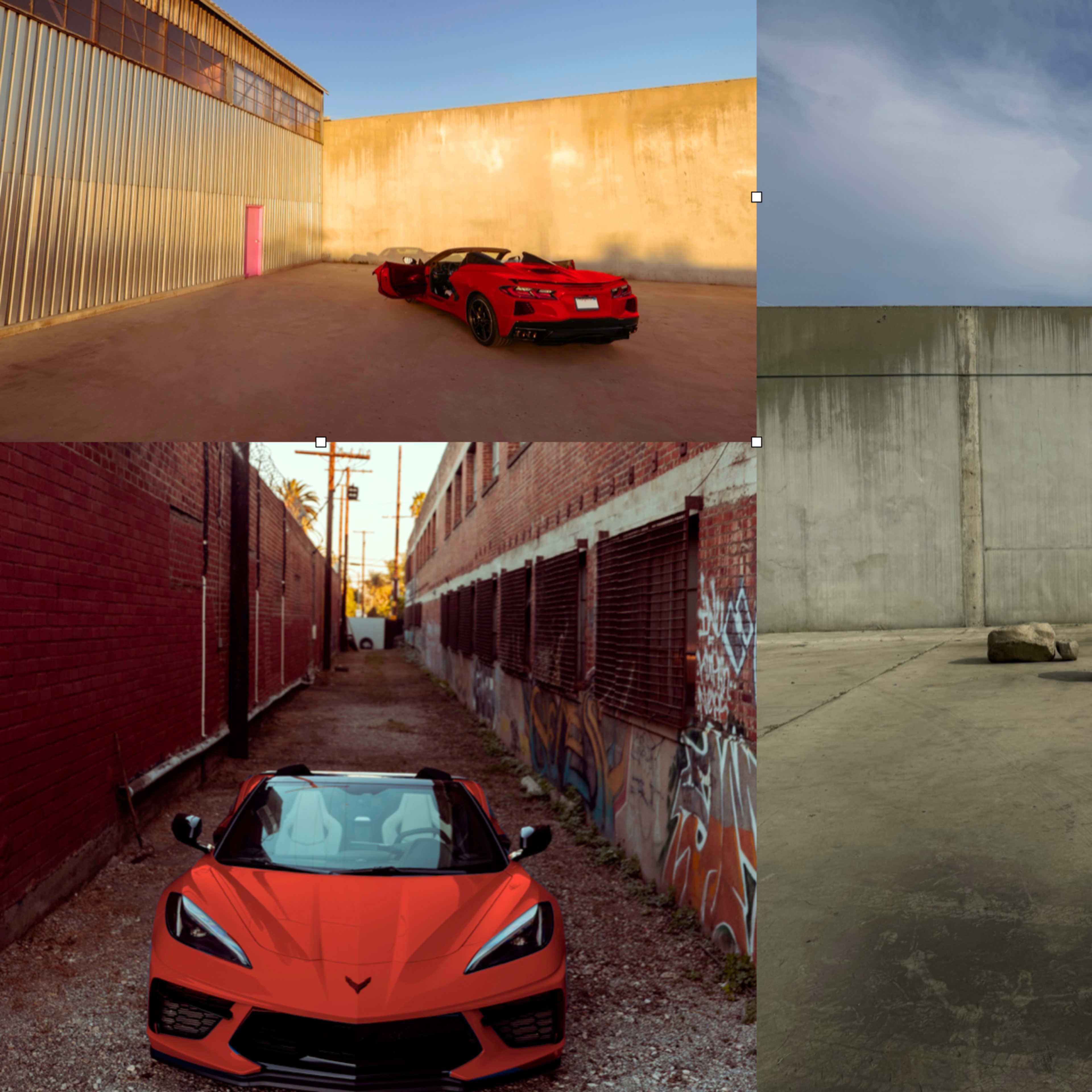 A red sports car parked in an industrial setting with concrete walls and an empty alleyway.