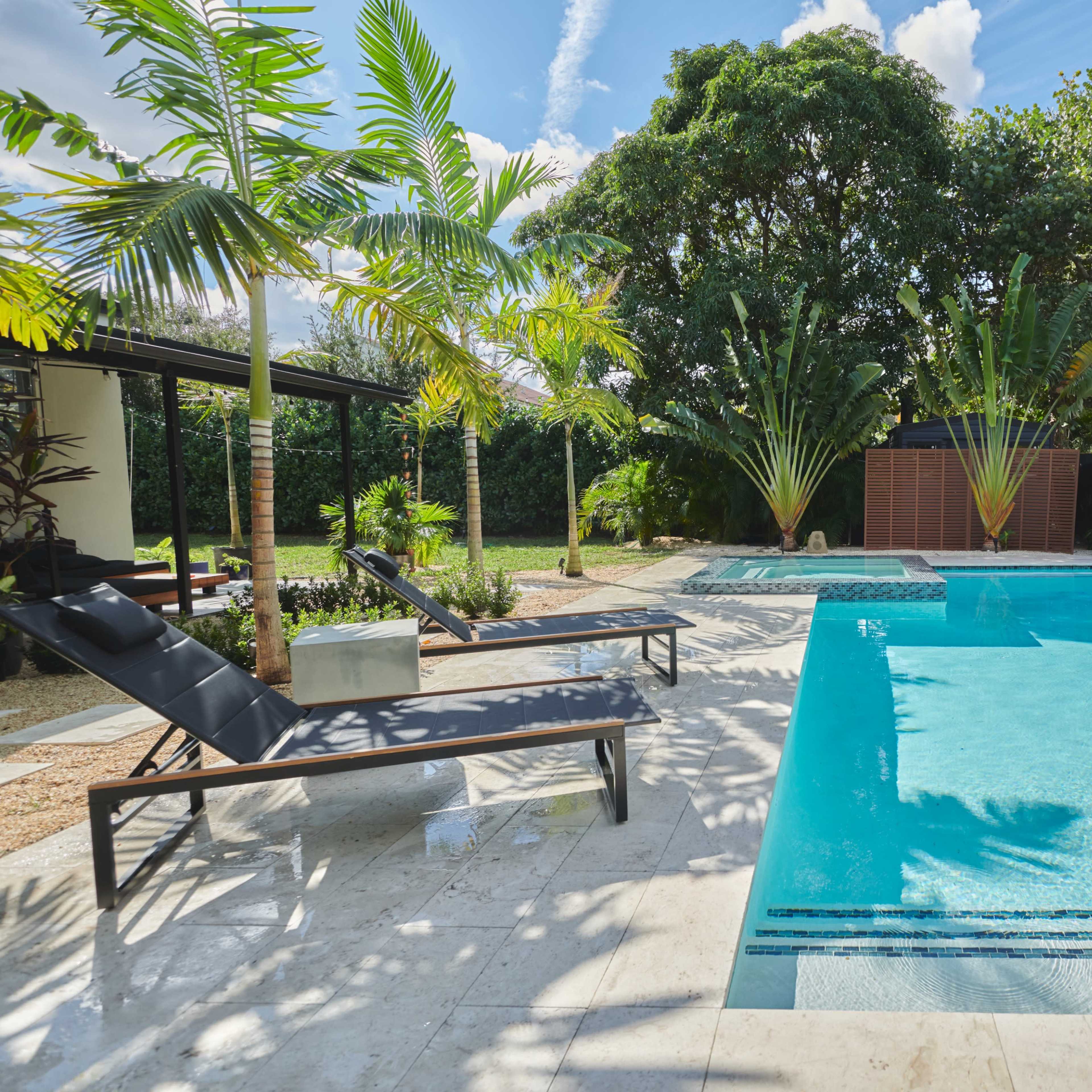A modern swimming pool surrounded by tropical plants and lounge chairs in a residential backyard.