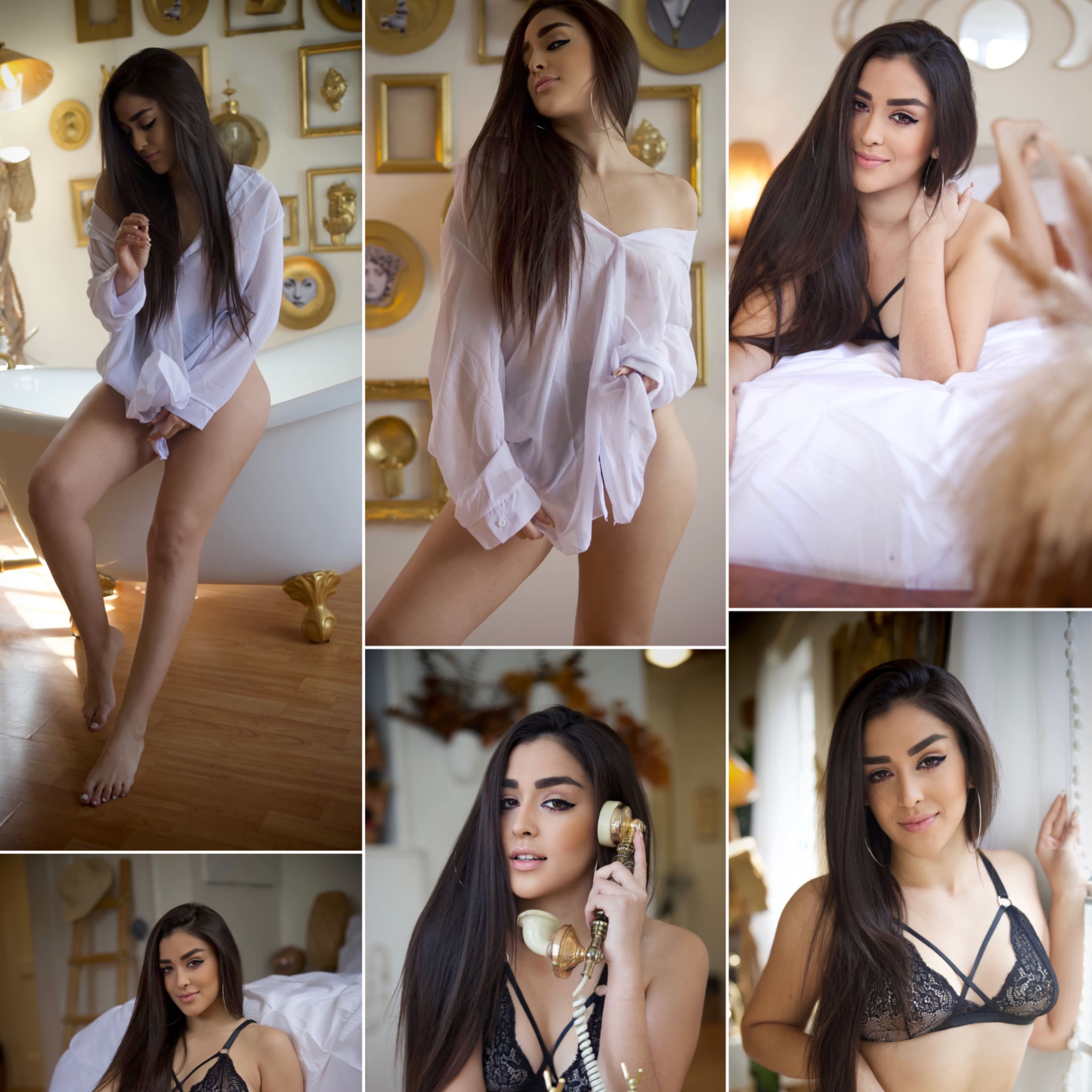 A series of six photos showcasing a woman in various poses and outfits, including a casual shirt and lingerie, in a bright, elegantly decorated room.