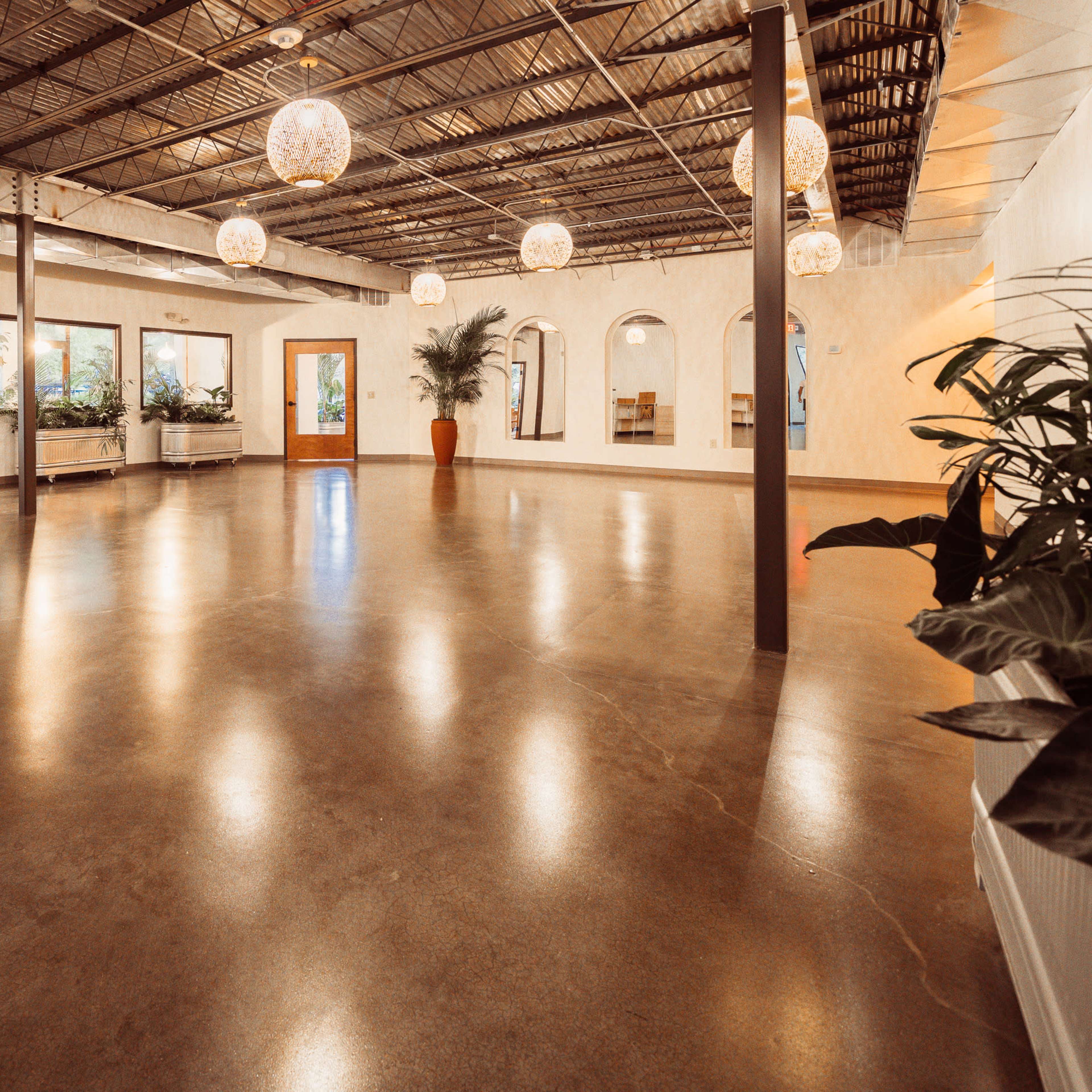 Large artist loft space filled with tropical plants, open ceilings, concrete floors. Image in Briarcliff West, Kansas City, MO