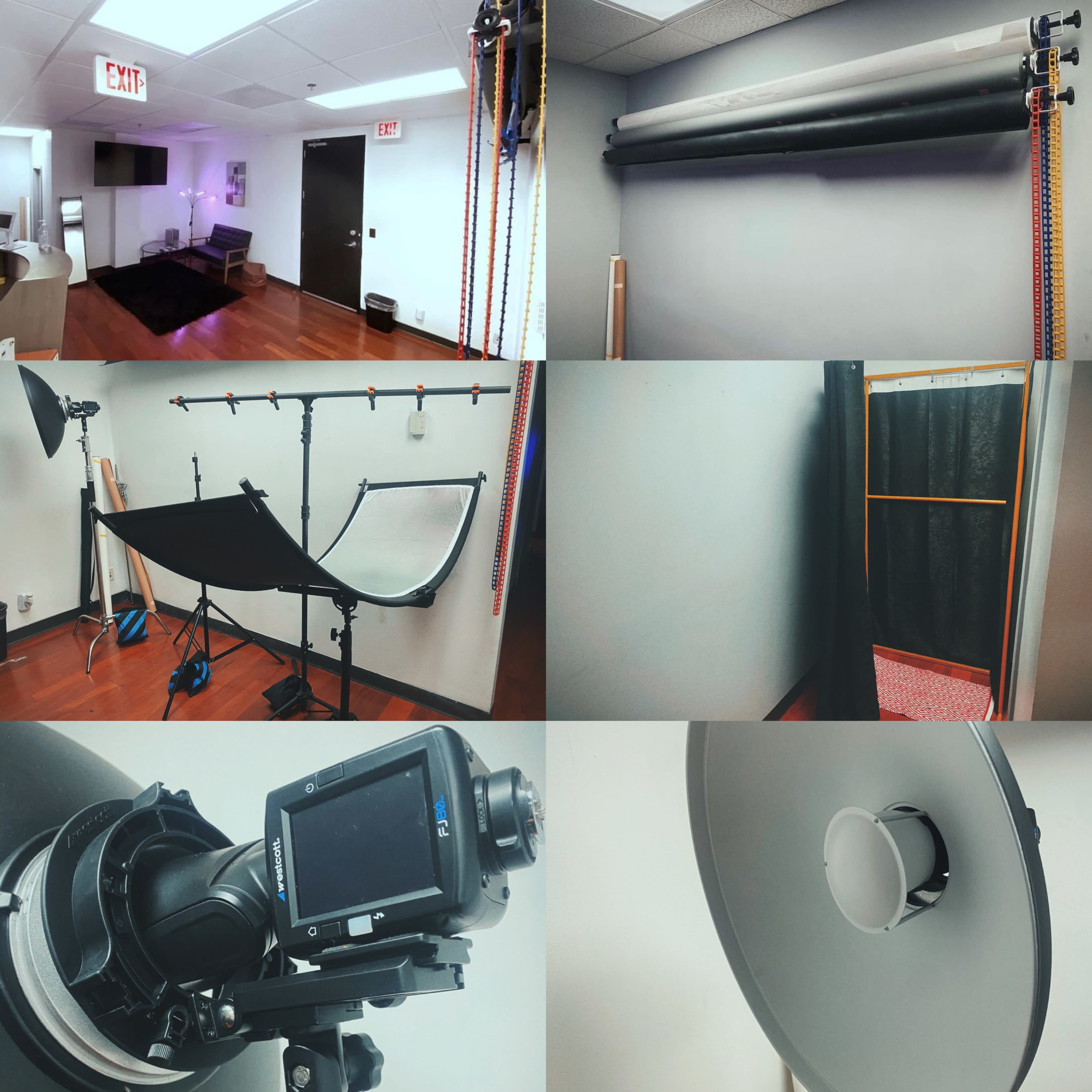 A photography studio featuring various equipment, including backdrops, lighting setups, and a camera mounted on a tripod.