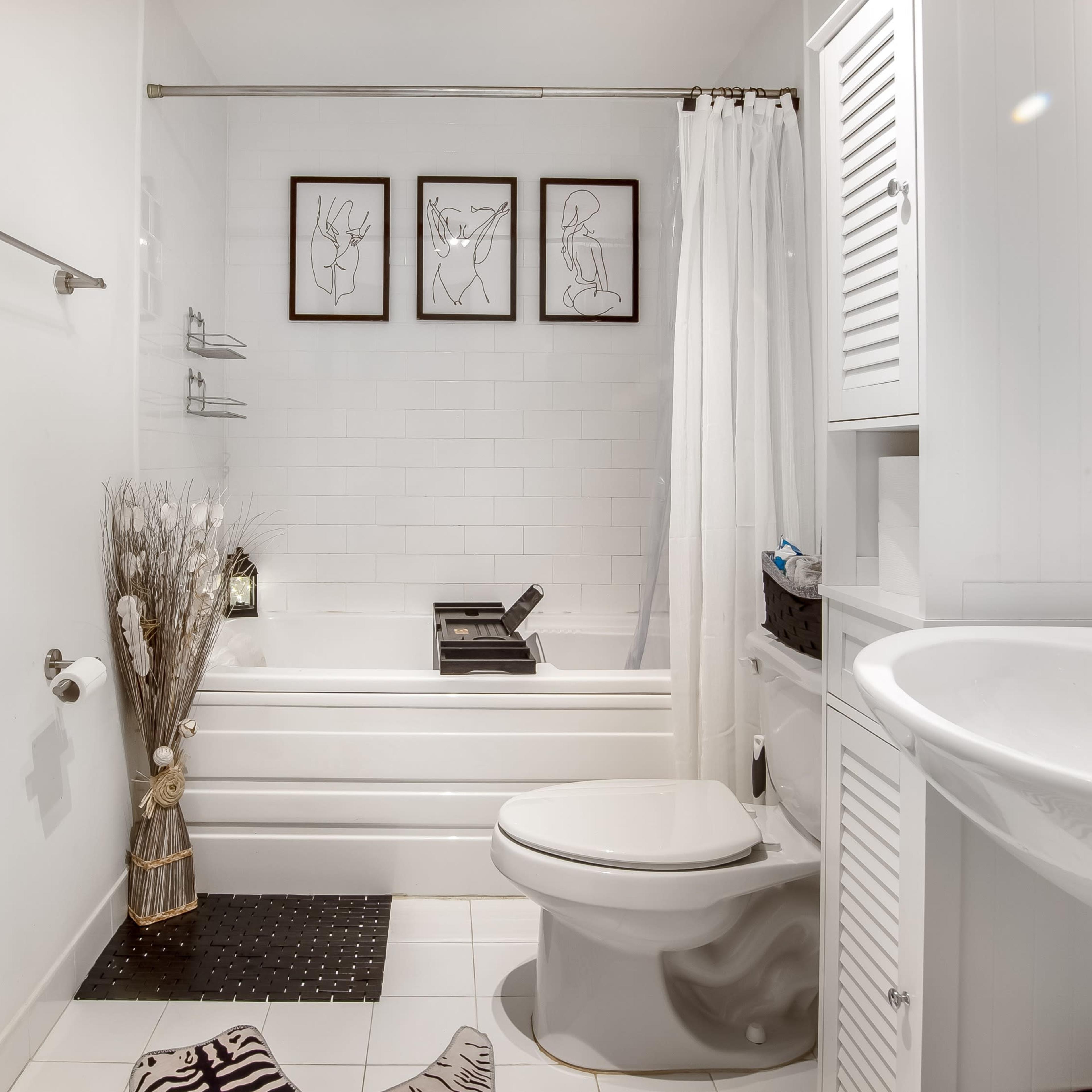 A clean bathroom features a bathtub with art on the walls, a white toilet, a sink with a mirror, and decorative elements including a plant and a bath mat.
