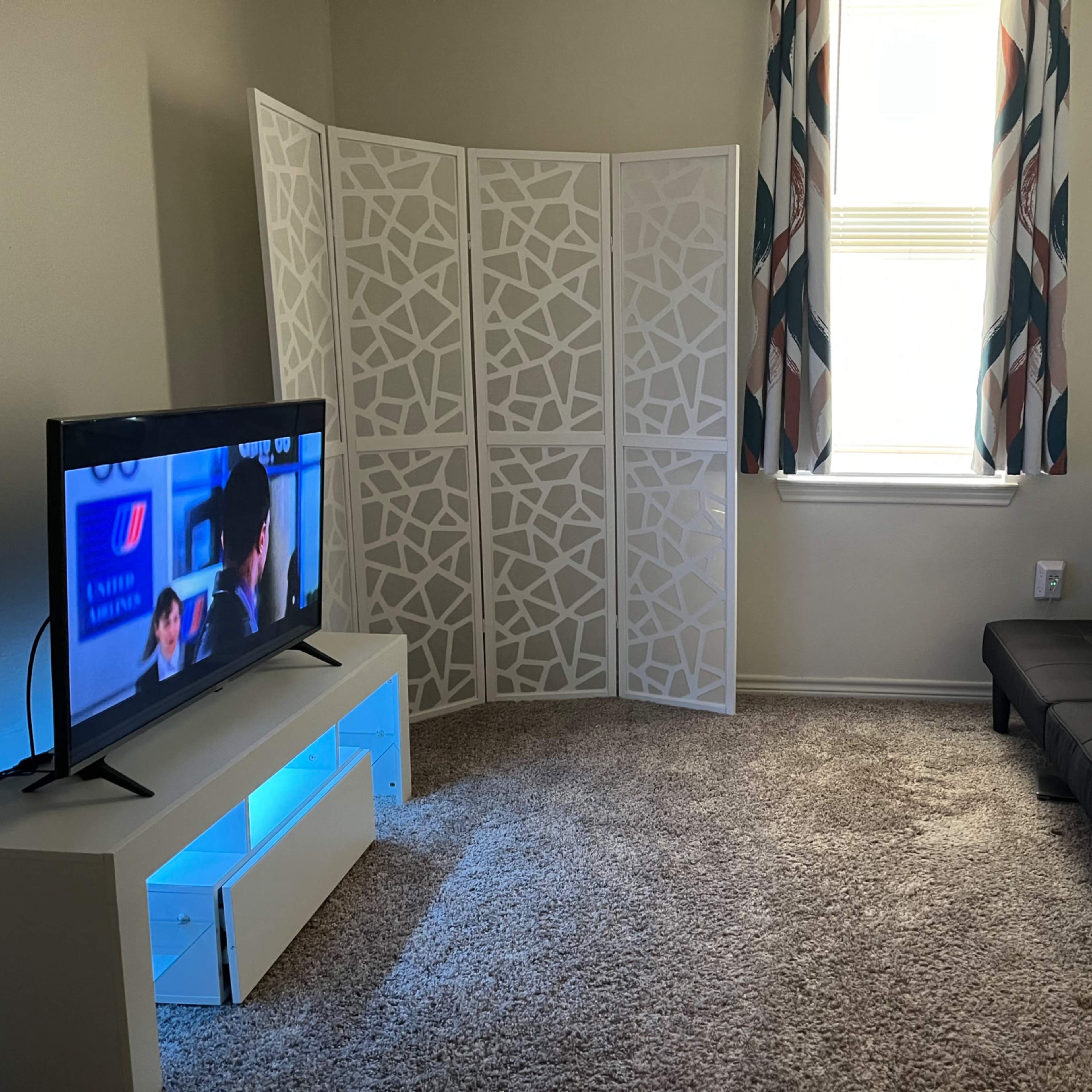 A small room with a television on a white stand, a folding privacy screen, and a black futon on a carpeted floor.