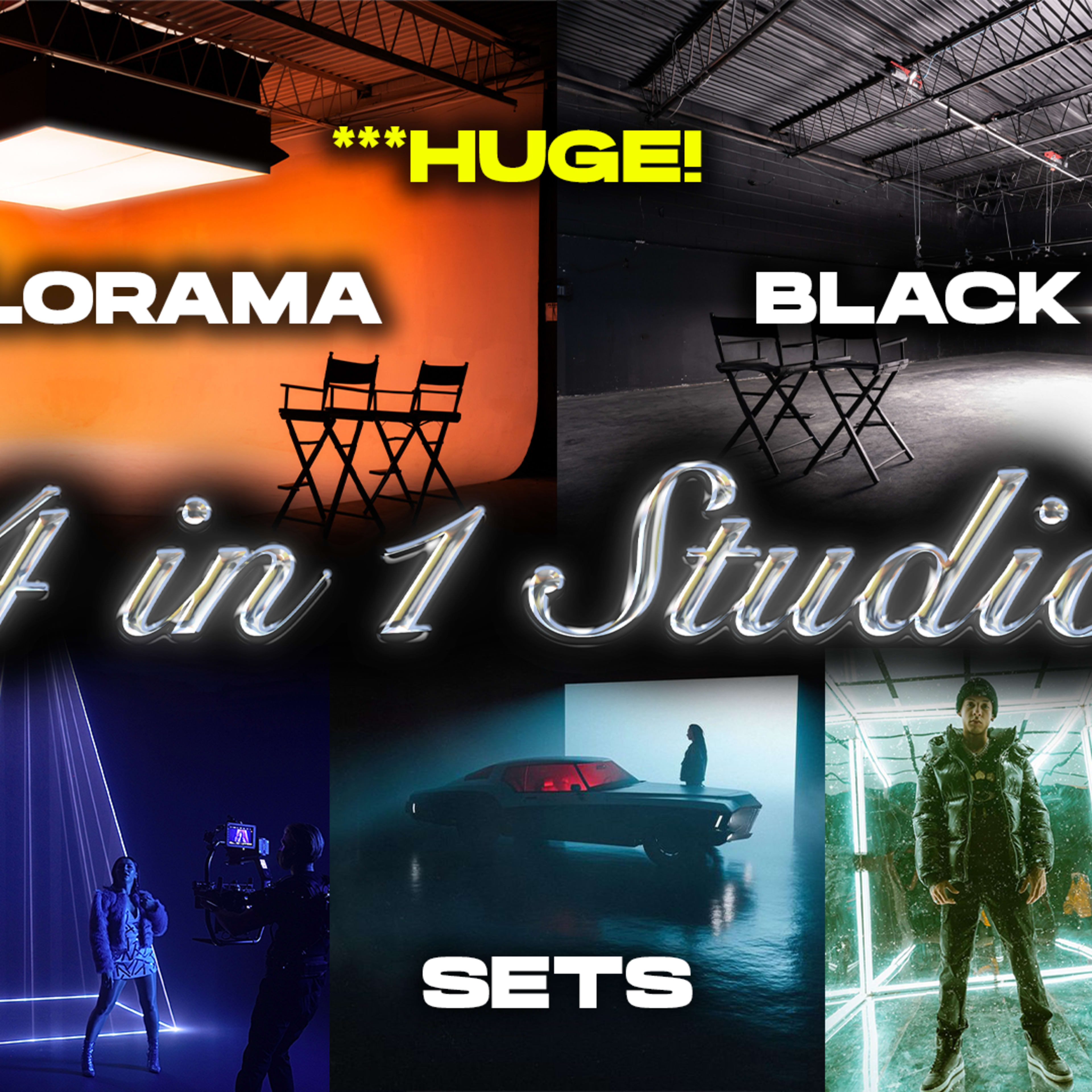 A promotional graphic for a versatile studio space featuring a large cyclorama, a black void area, and multiple photo set designs.