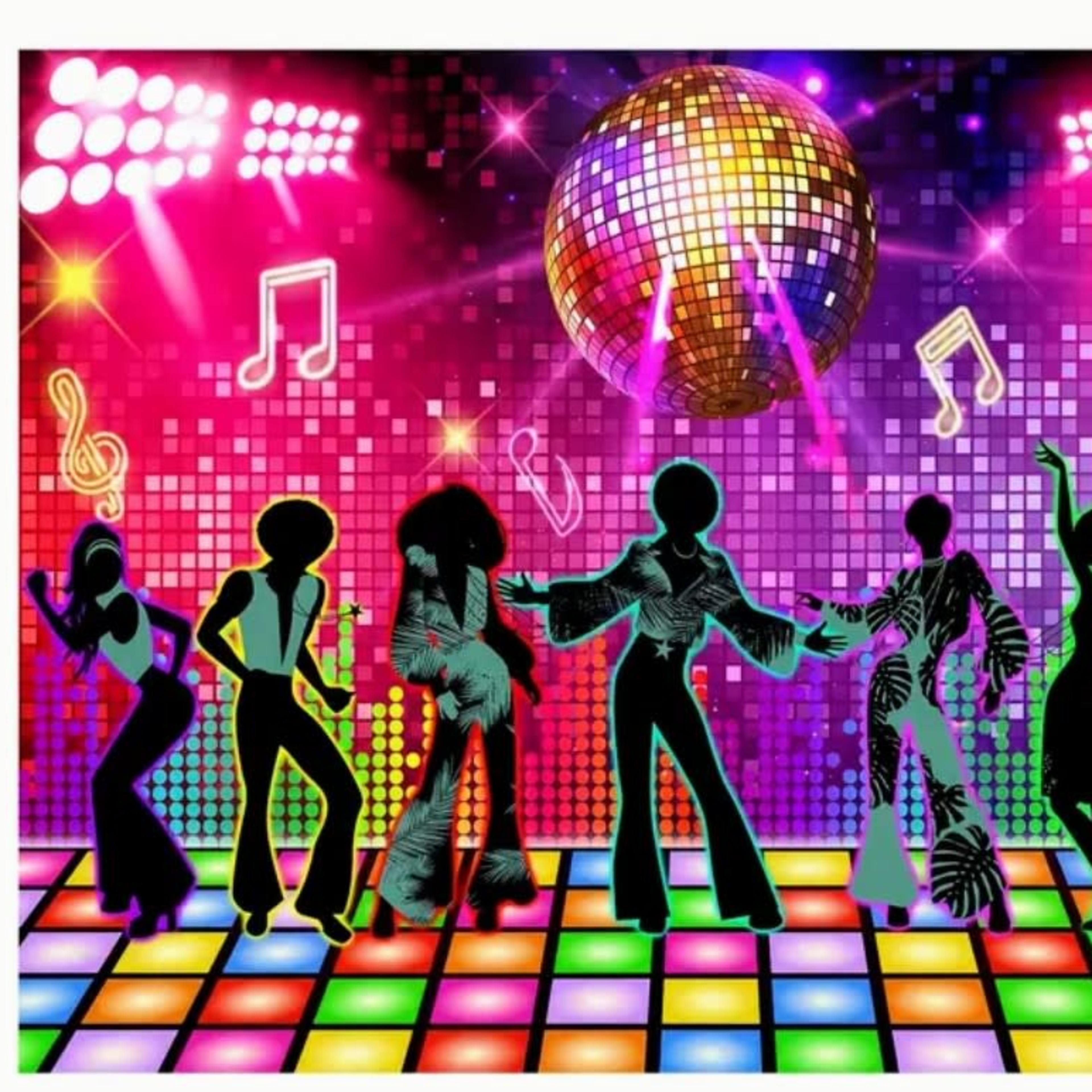 Silhouettes of dancers in vibrant outfits against a colorful disco backdrop with a large disco ball and musical notes.