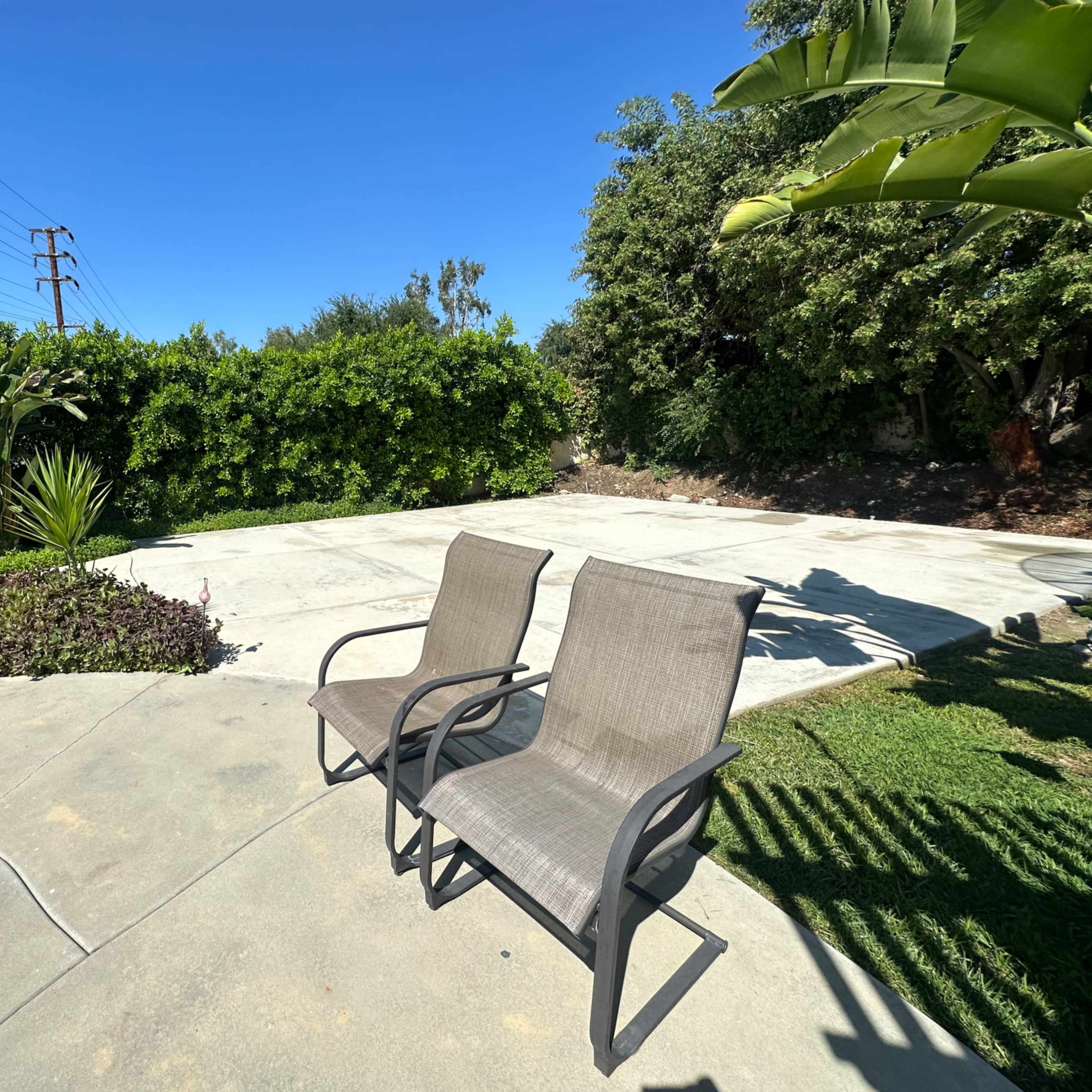 Two gray outdoor chairs on a concrete patio surrounded by greenery.
