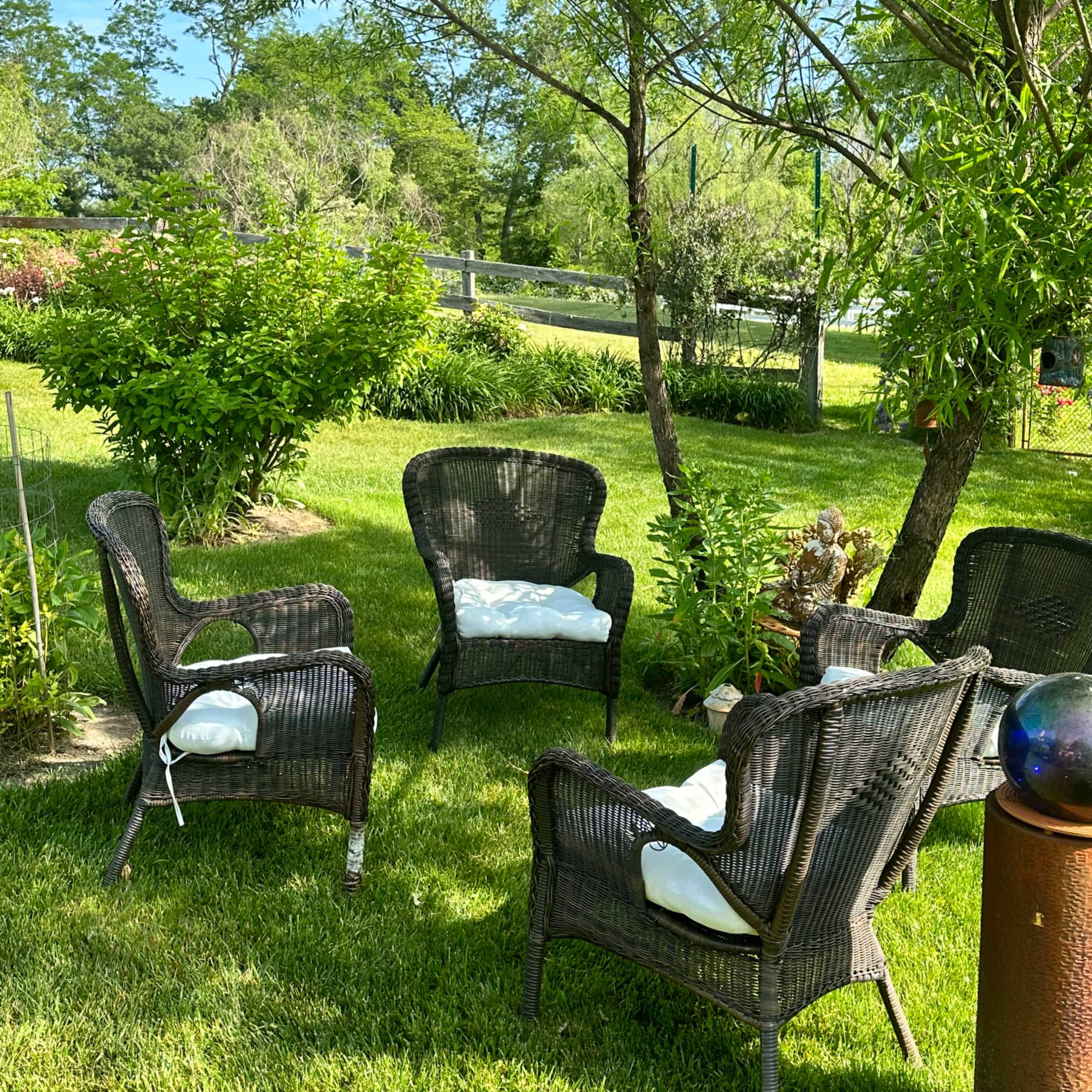 A circular arrangement of wicker chairs with white cushions sits on a well-kept green lawn under a leafy tree.