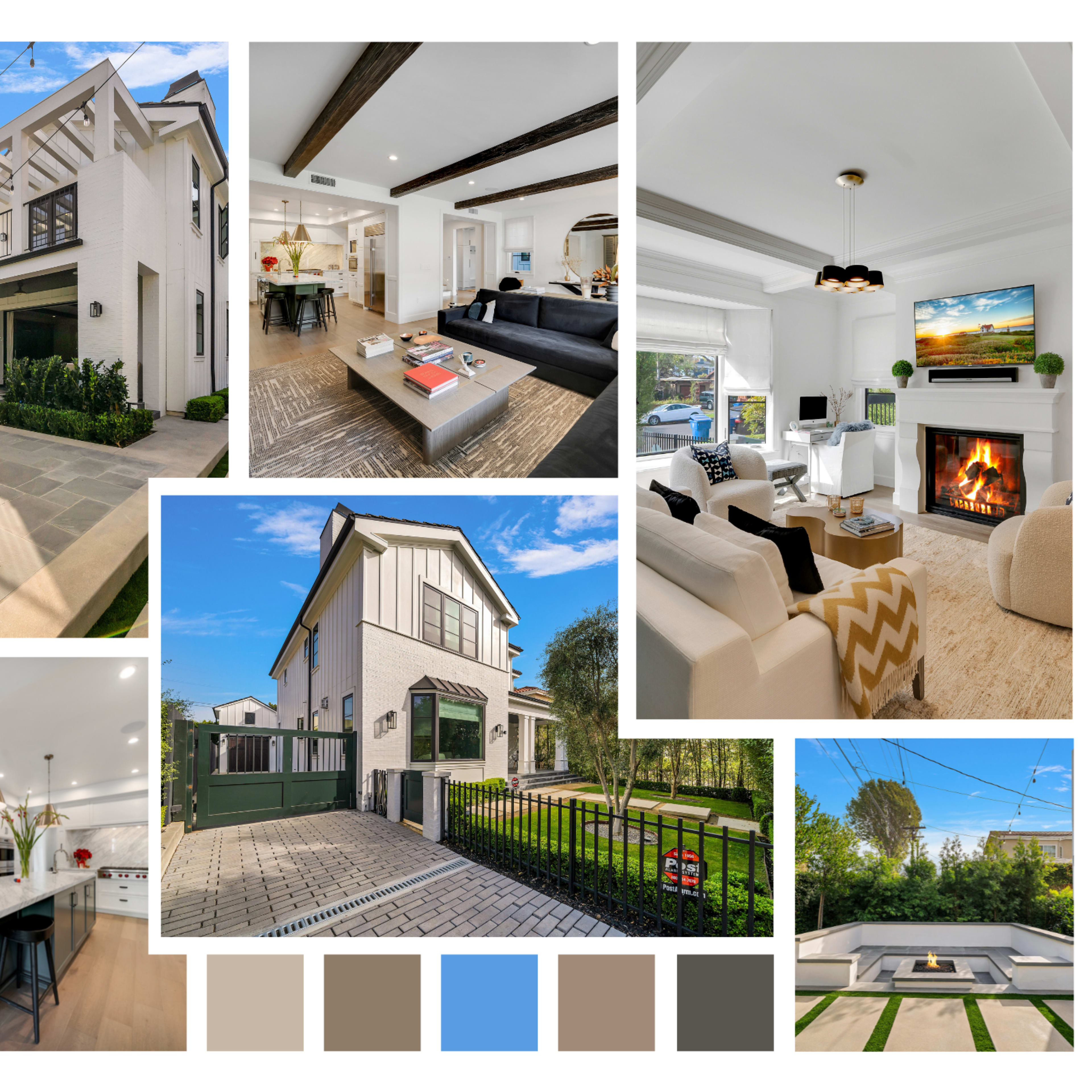 Various views of a modern residential home, including its exterior, living spaces, and outdoor area with a pool.
