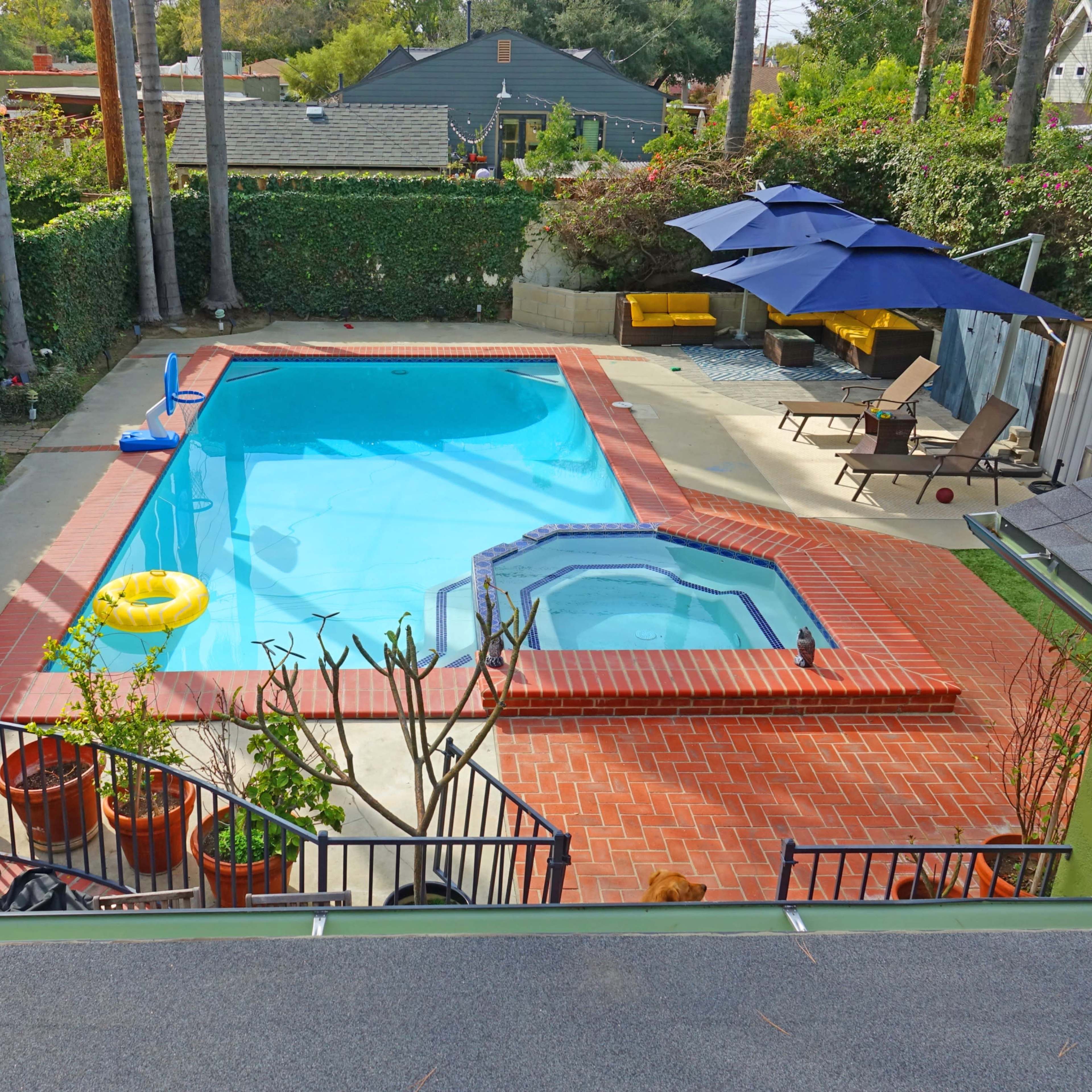 A residential backyard with a swimming pool, a hot tub, lounge chairs, an umbrella, and potted plants surrounded by a hedge.